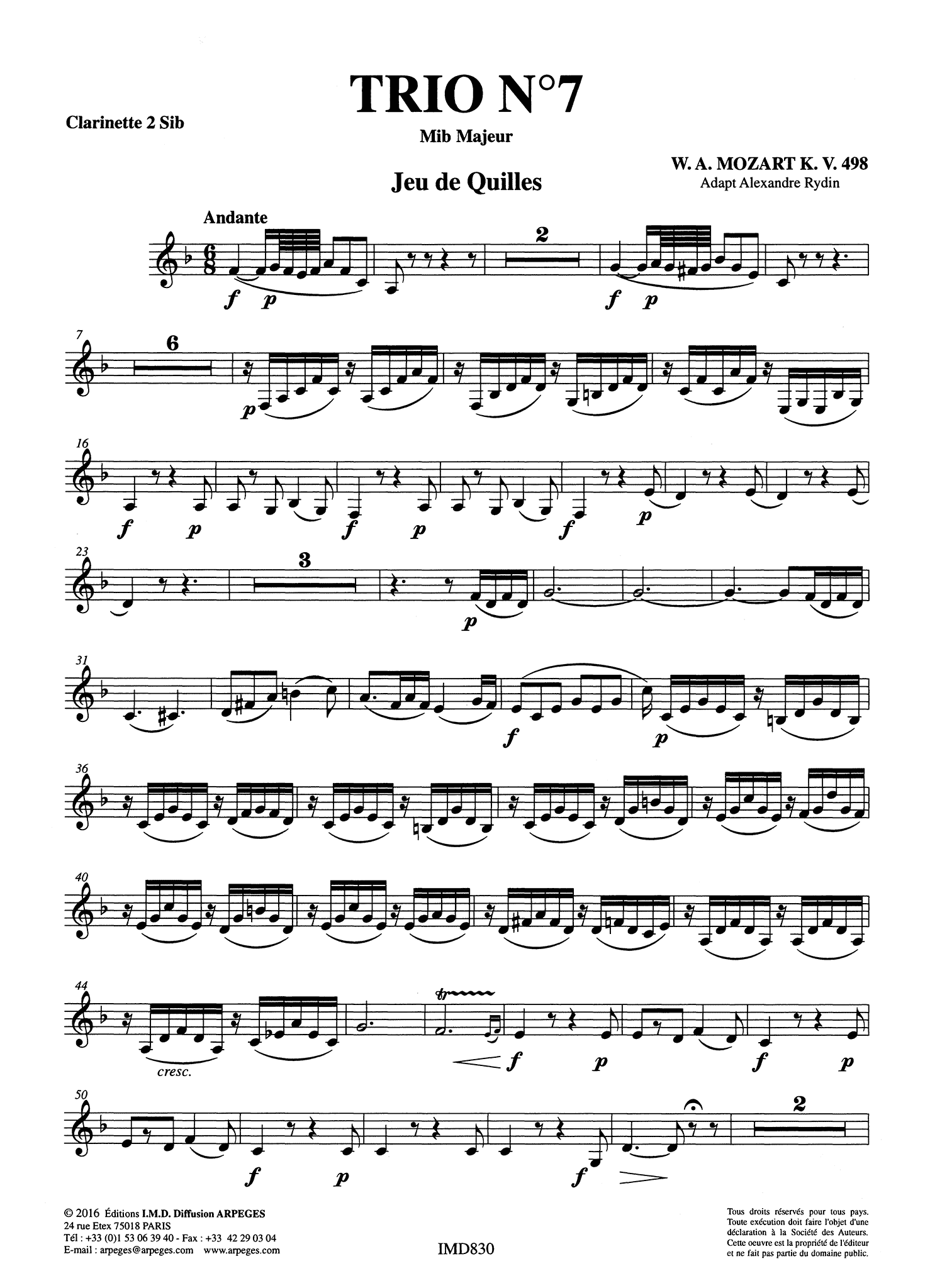 Mozart Kegelstatt Trio K. 498 arranged for 2 clarinets & piano second part