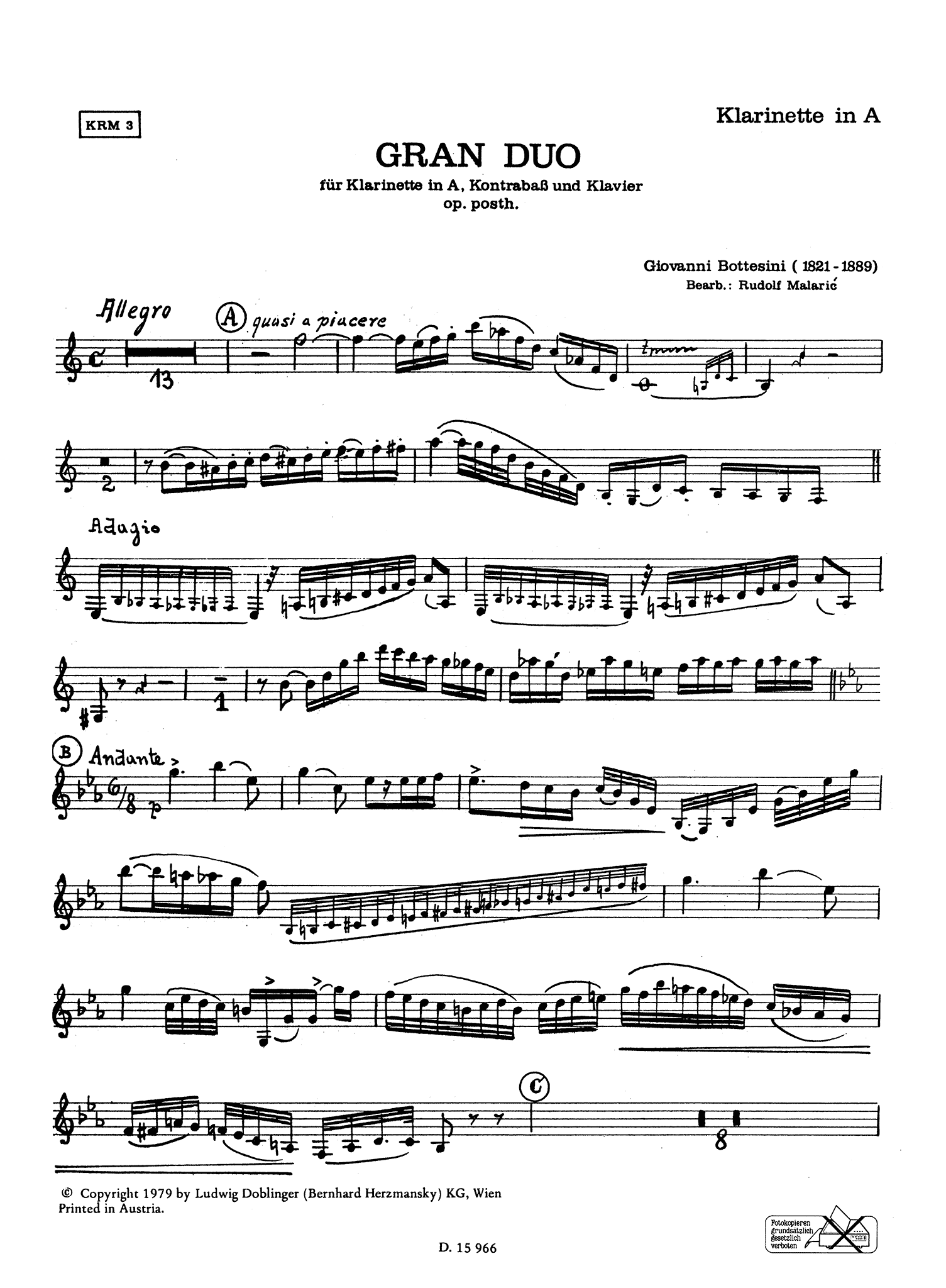 Giovanni Bottesini Duet Clarinet and Double Bass solo part