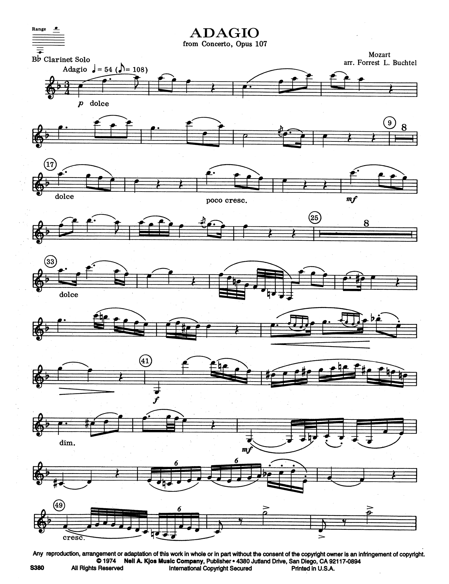 Adagio, from Clarinet Concerto, K. 622 Clarinet part