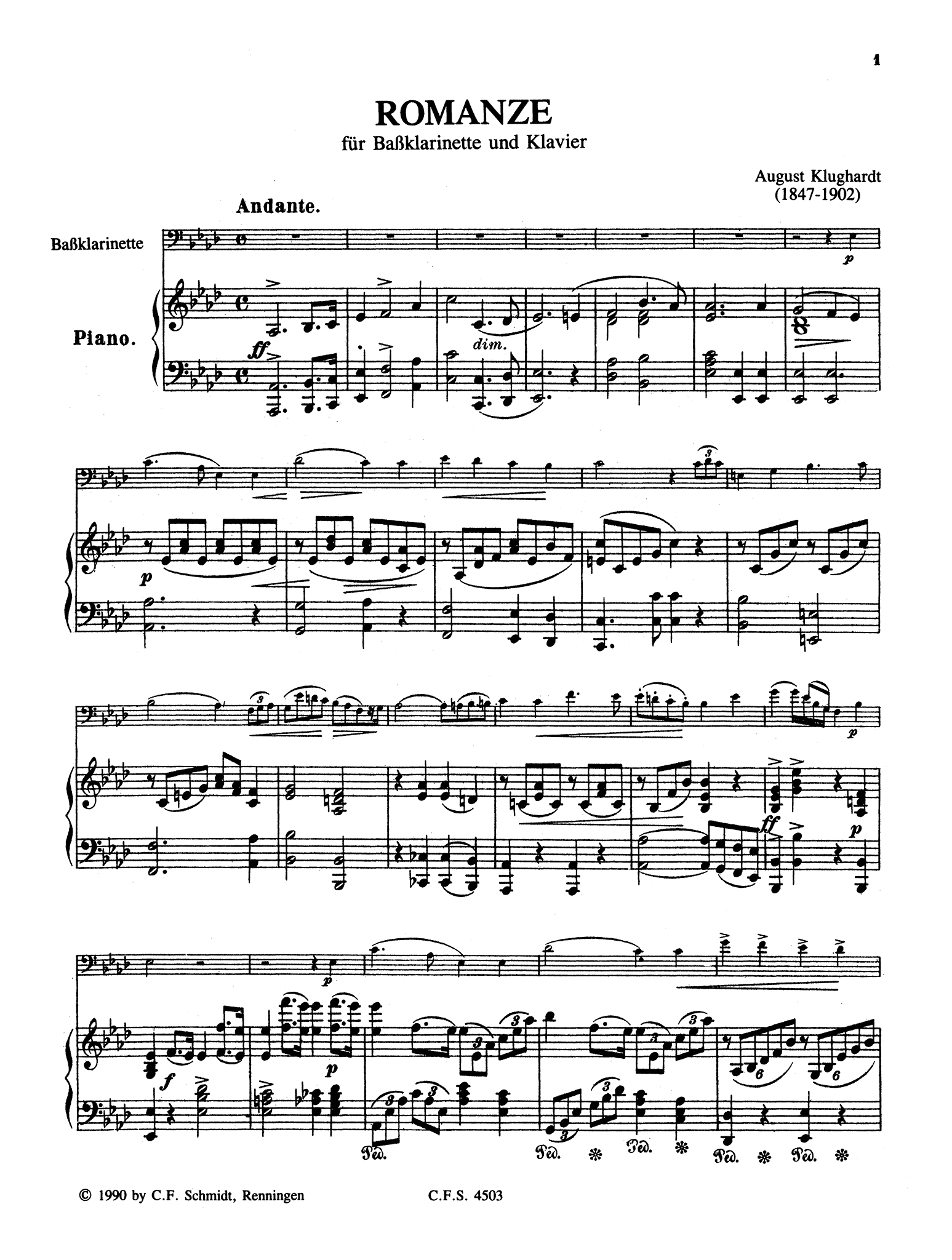 Klughardt, August: Romanze bass clarinet & piano Score