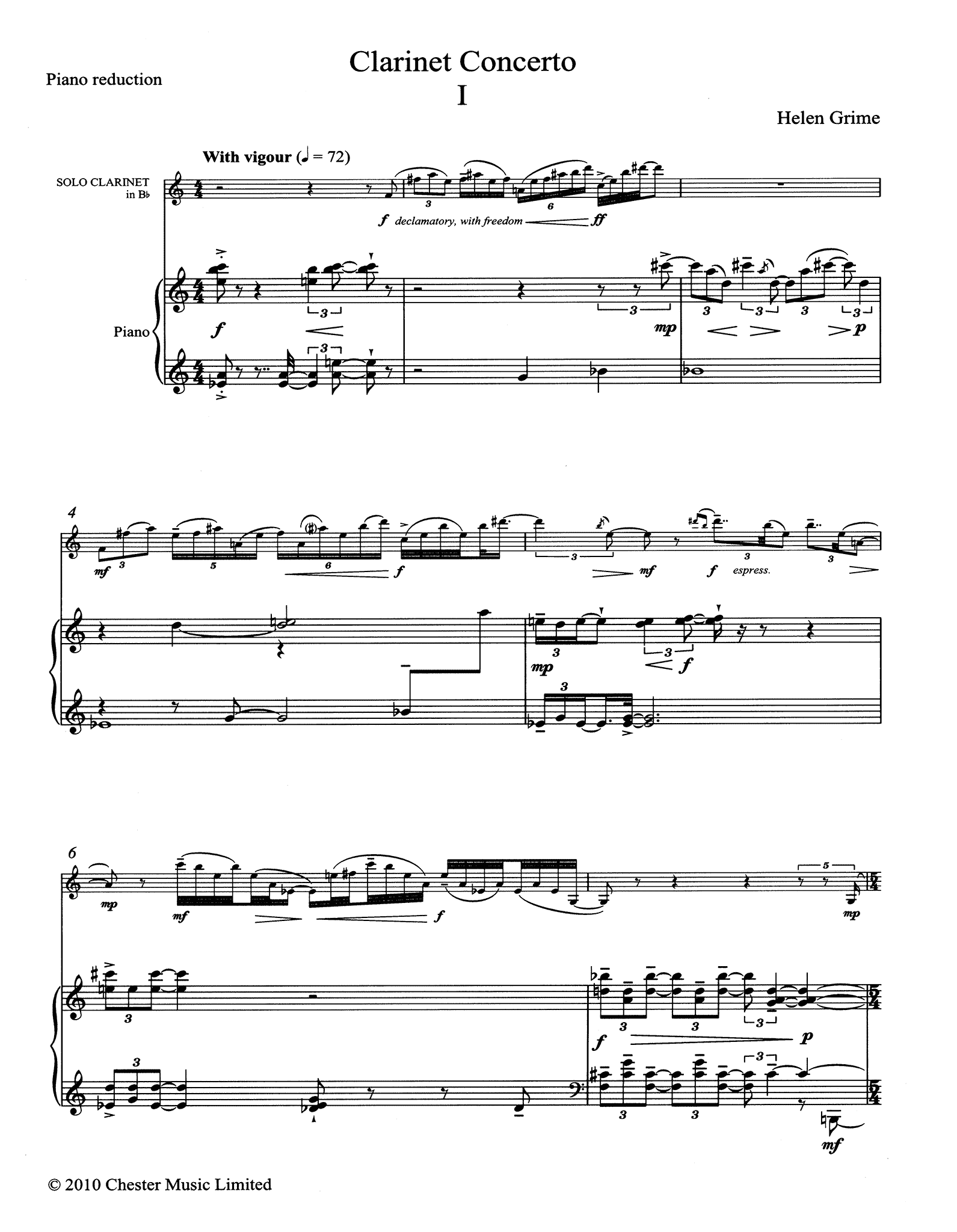 Helen Grime Clarinet Concerto piano reduction - Movement 1