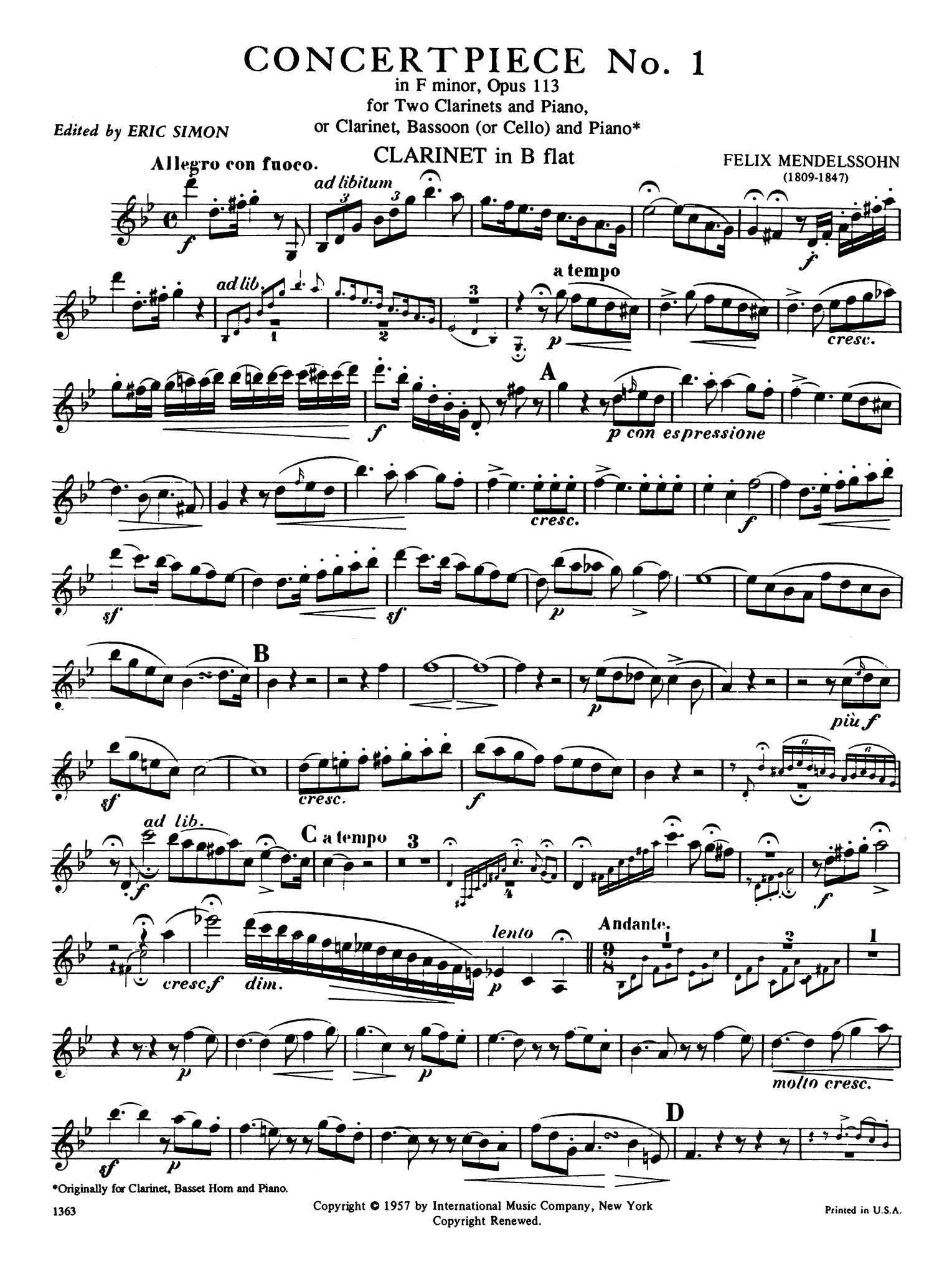Concertpiece No. 1 in F Minor, Op. 113 First Clarinet part