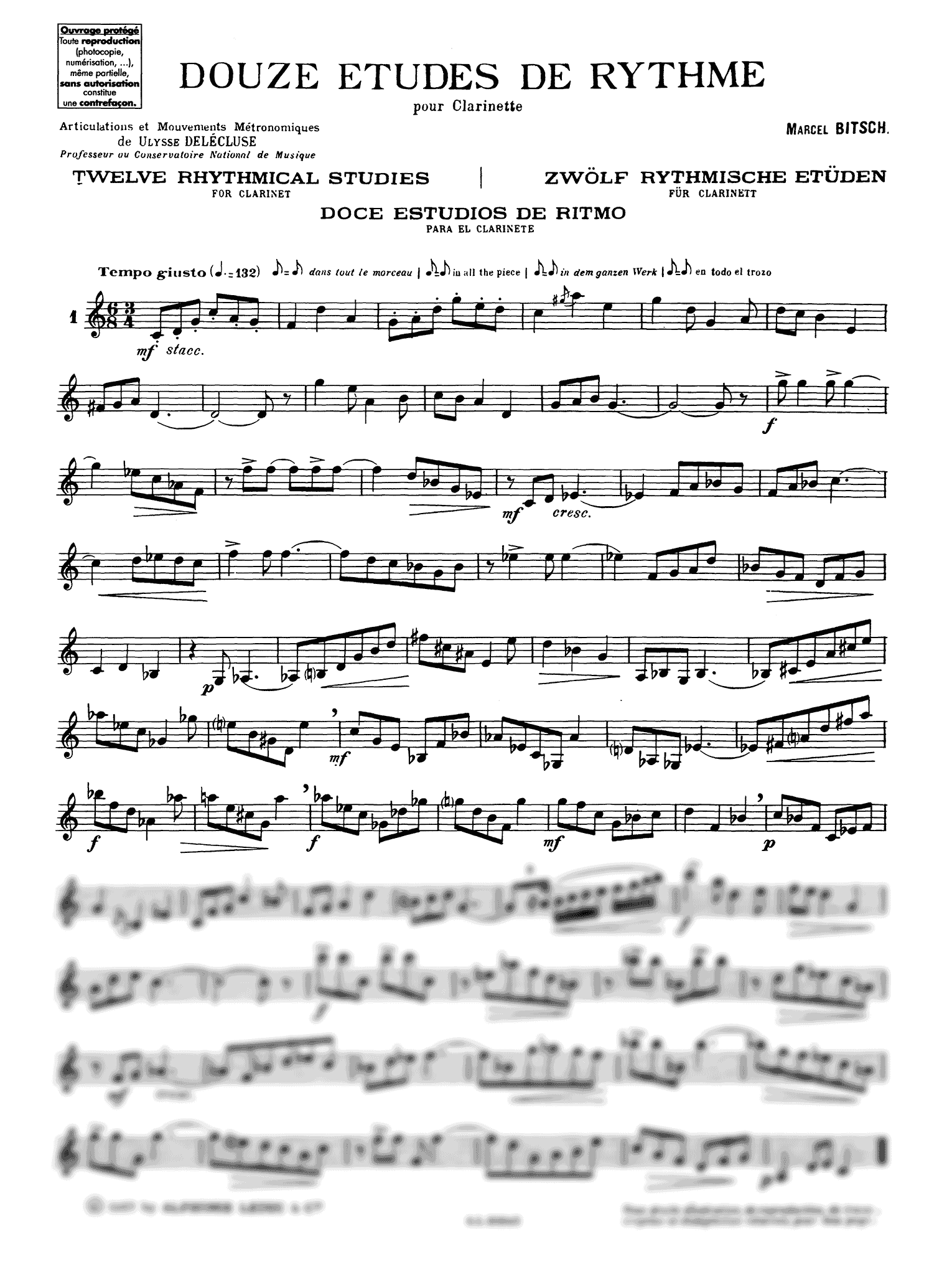 Marcel Bitsch 12 Études de rhythme for clarinet No. 1