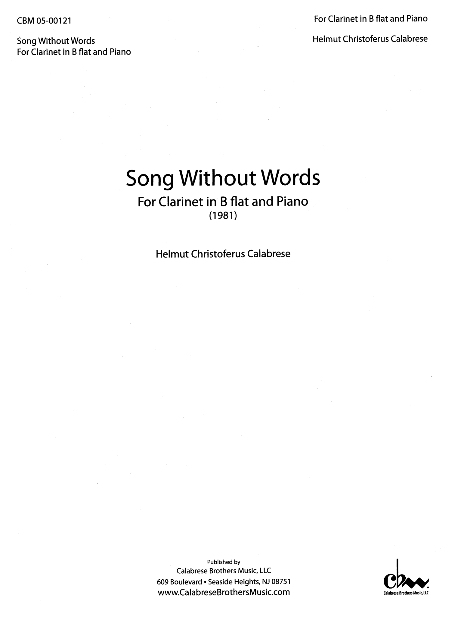 Calabrese, Helmut: Song Without Words clarinet and piano cover