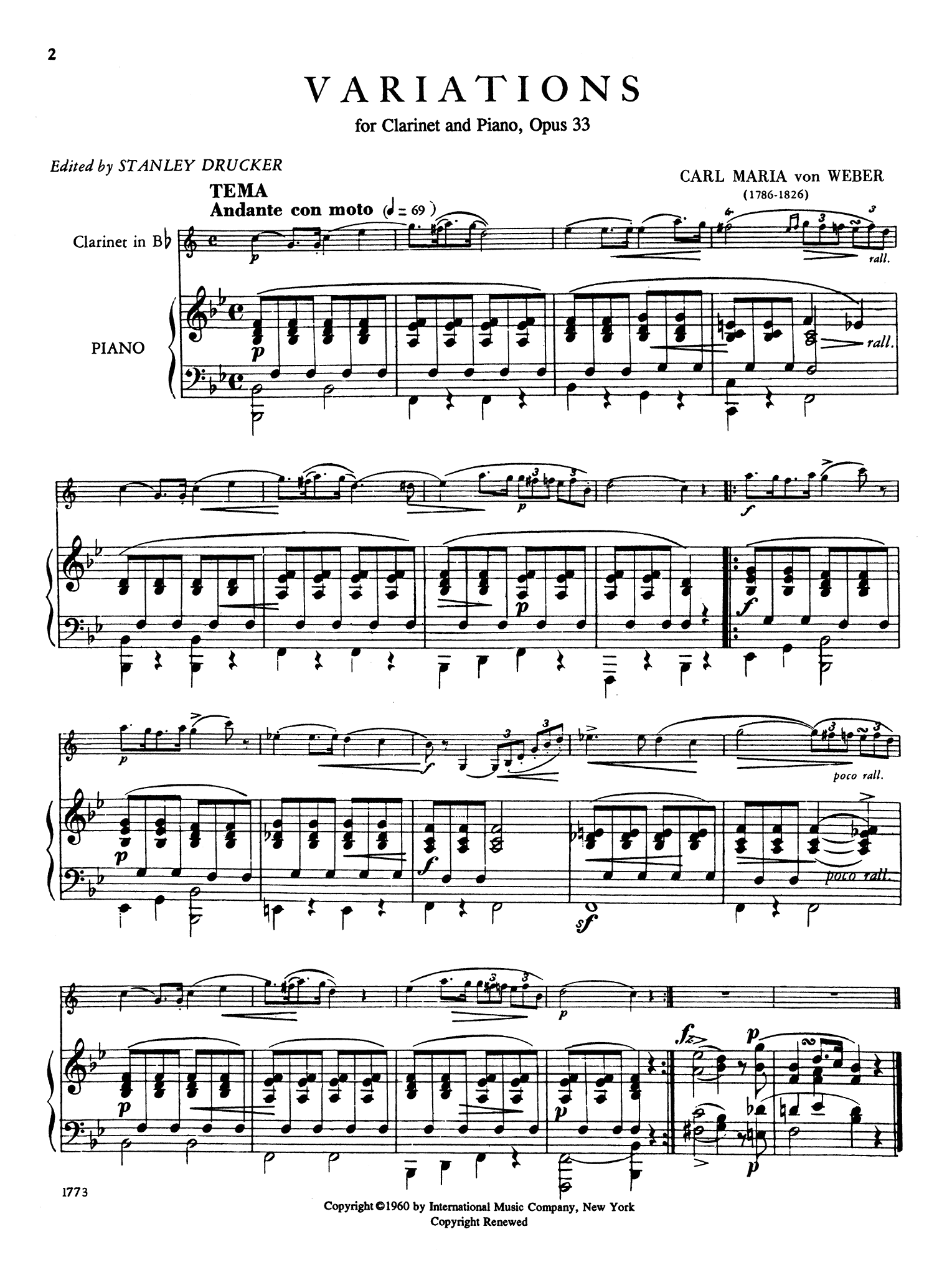 Variations on a theme from Silvana, Op. 33, J. 128 Score