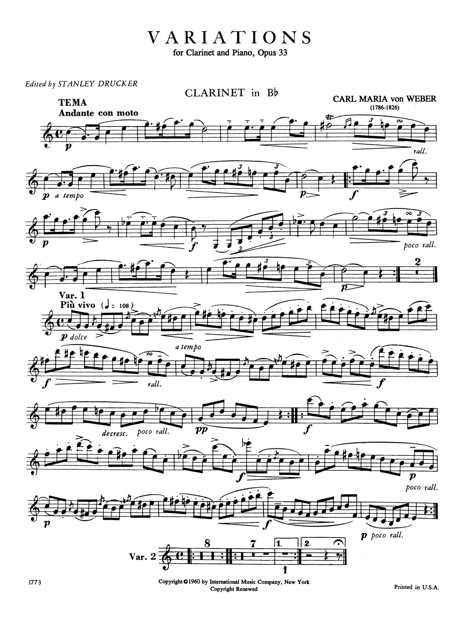Variations on a theme from Silvana, Op. 33, J. 128 Clarinet part