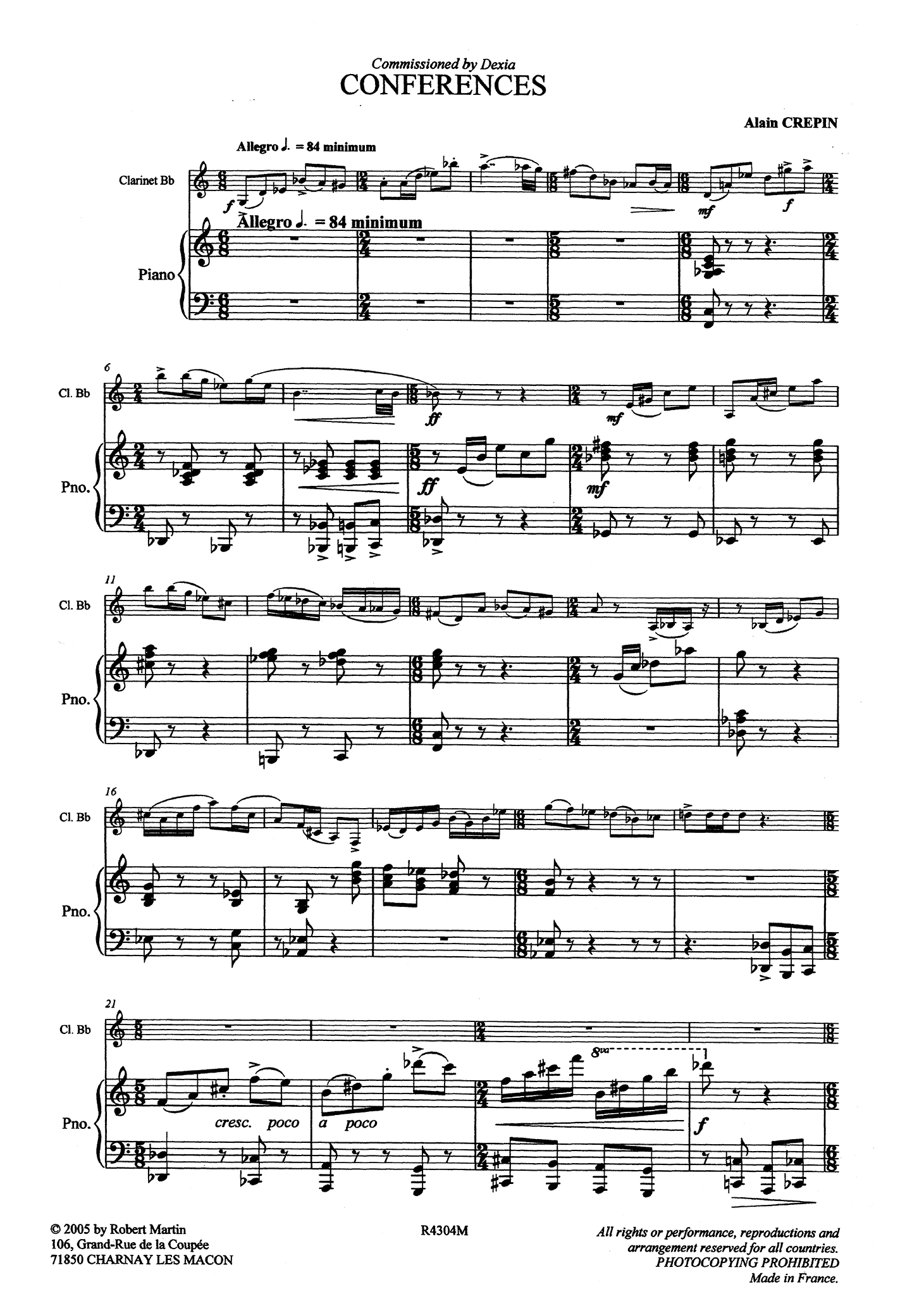 Crepin Conférences clarinet and piano score