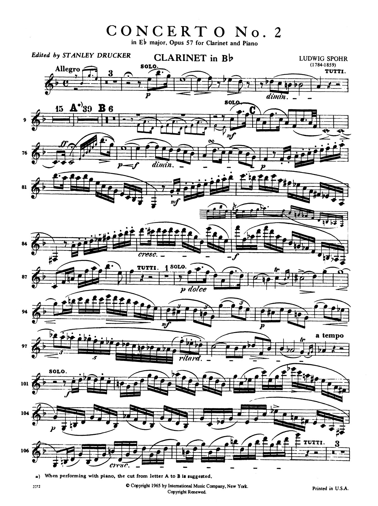 Clarinet Concerto No. 2 in E-flat Major, Op. 57 Clarinet part