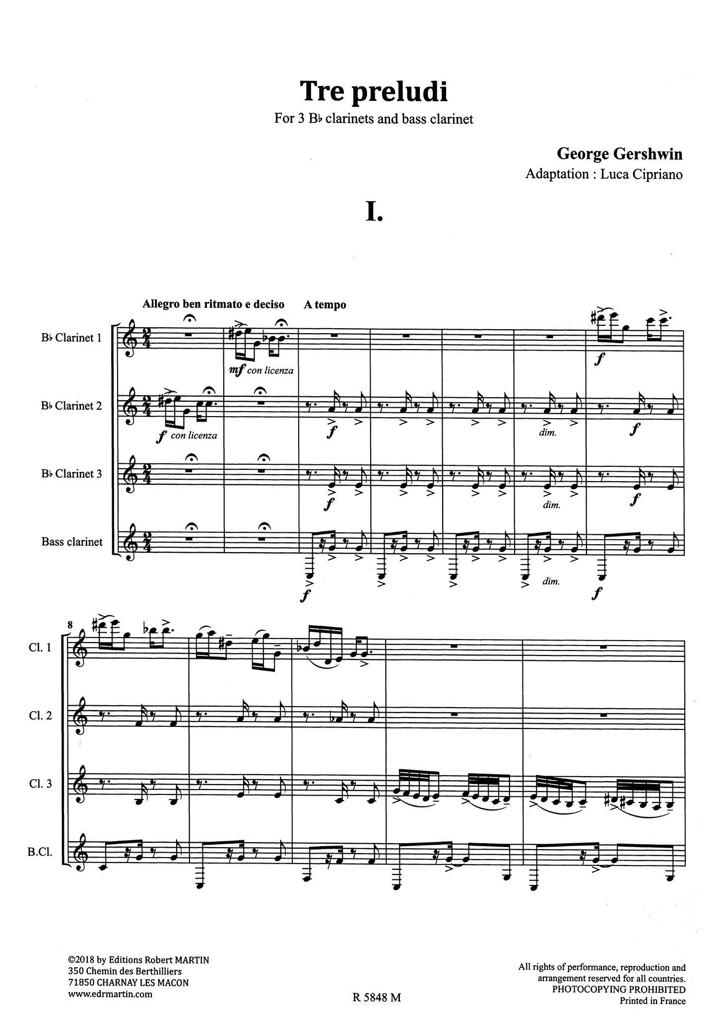 Gershwin 3 Preludes, for clarinet quartet - Movement 1