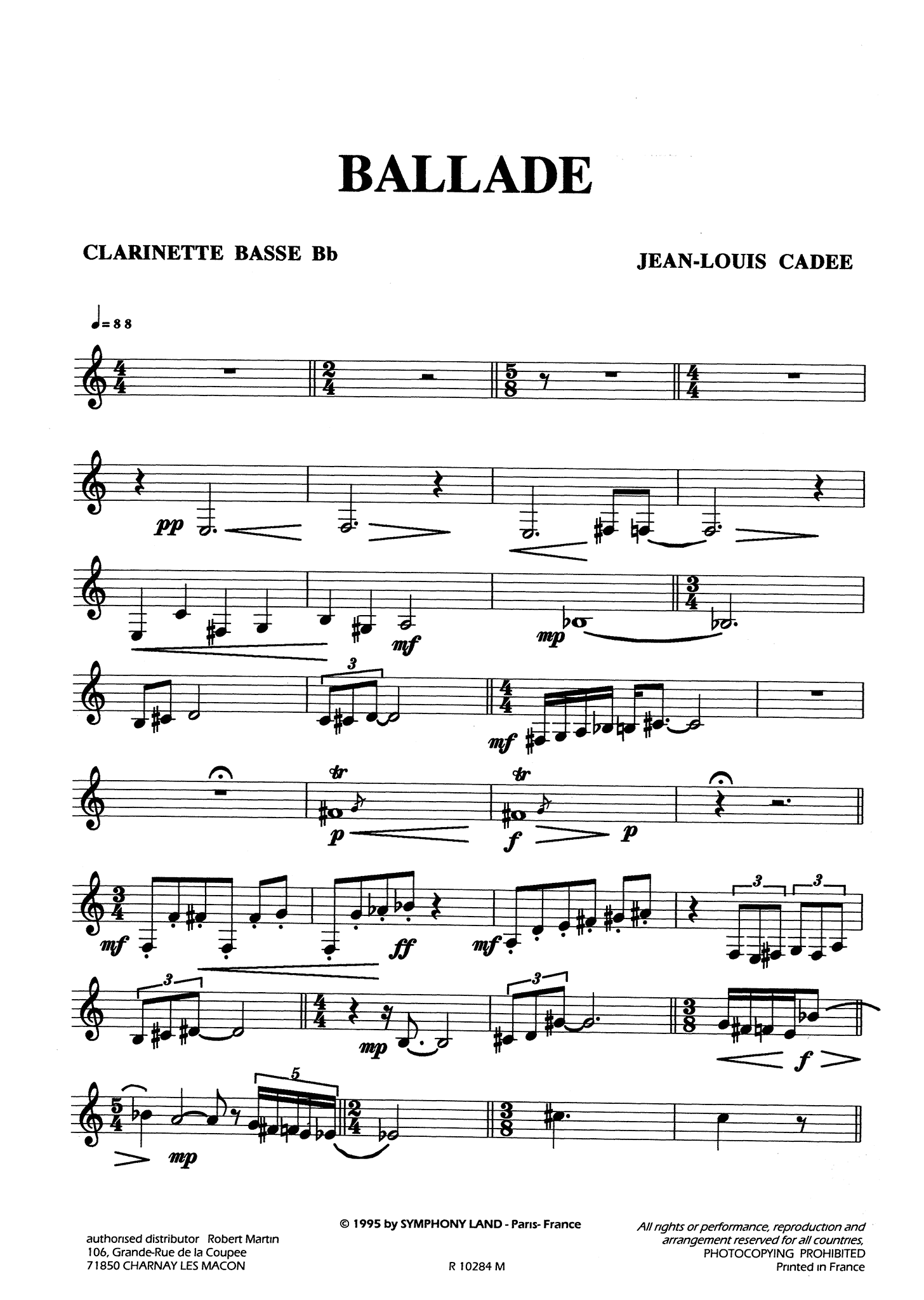 Jean-Louis Cadée Ballade bass clarinet and piano solo part