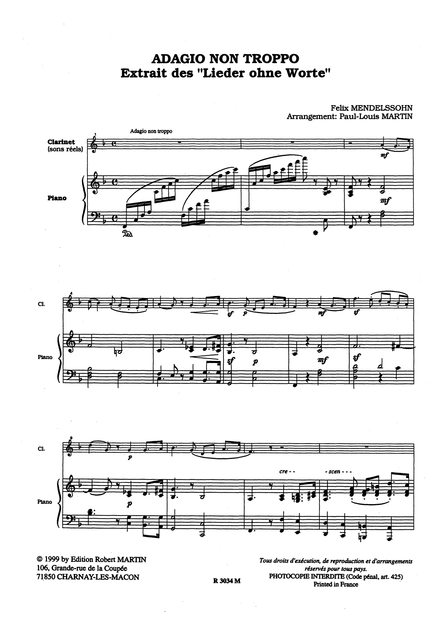 Adagio non troppo, from Lieder ohne Worte, Book 2, Op. 30 No. 3 clarinet piano arrangement score