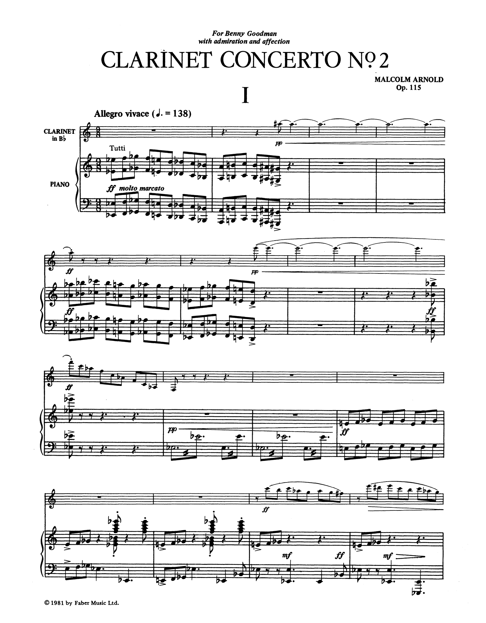 Arnold Clarinet Concerto No. 2, Op. 115 piano reduction - Movement 1