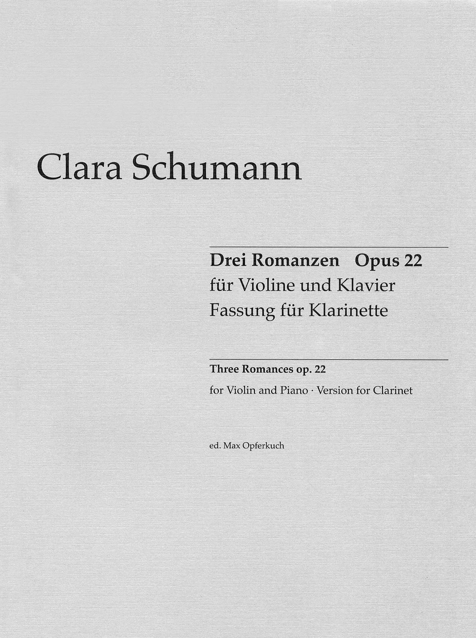 Clara Schumann Drei Romanzen, Op. 22 clarinet arrangement cover