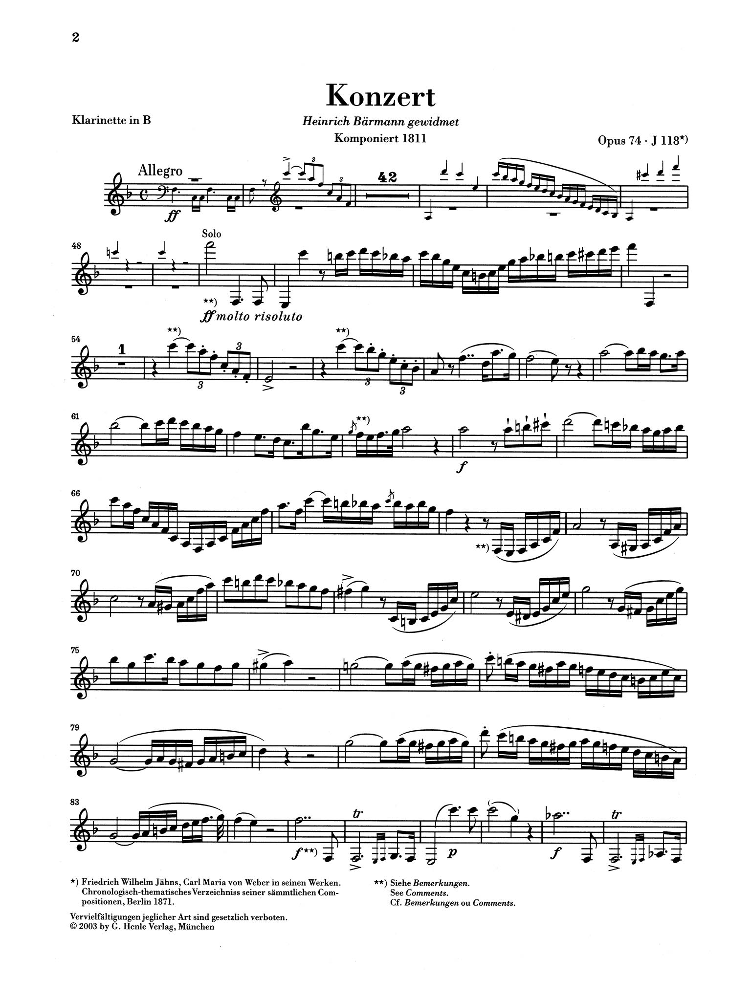 Clarinet Concerto No. 2 in E-flat Major, Op. 74 Clarinet part Urtext