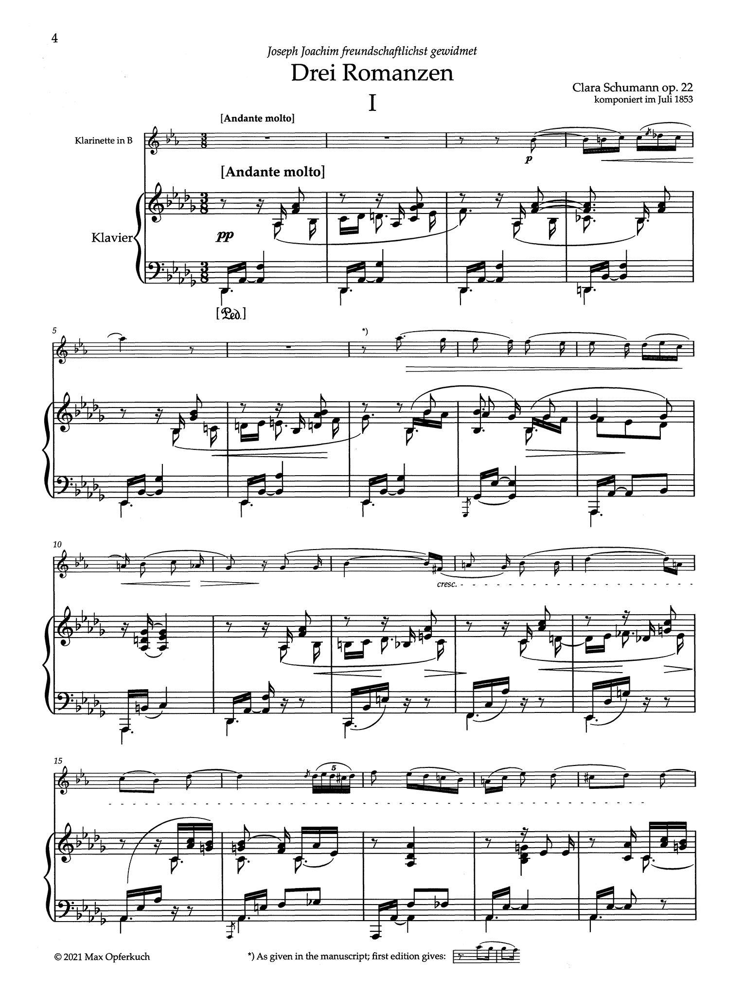 Clara Schumann Drei Romanzen, Op. 22 clarinet arrangement - Movement 1