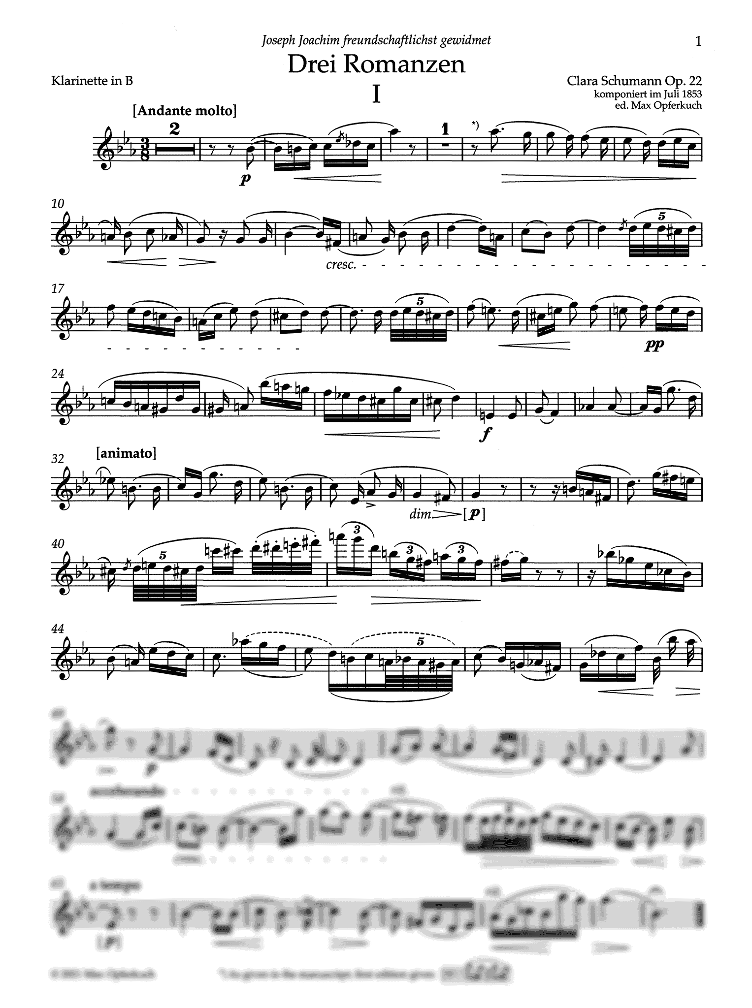 Clara Schumann Drei Romanzen, Op. 22 clarinet part