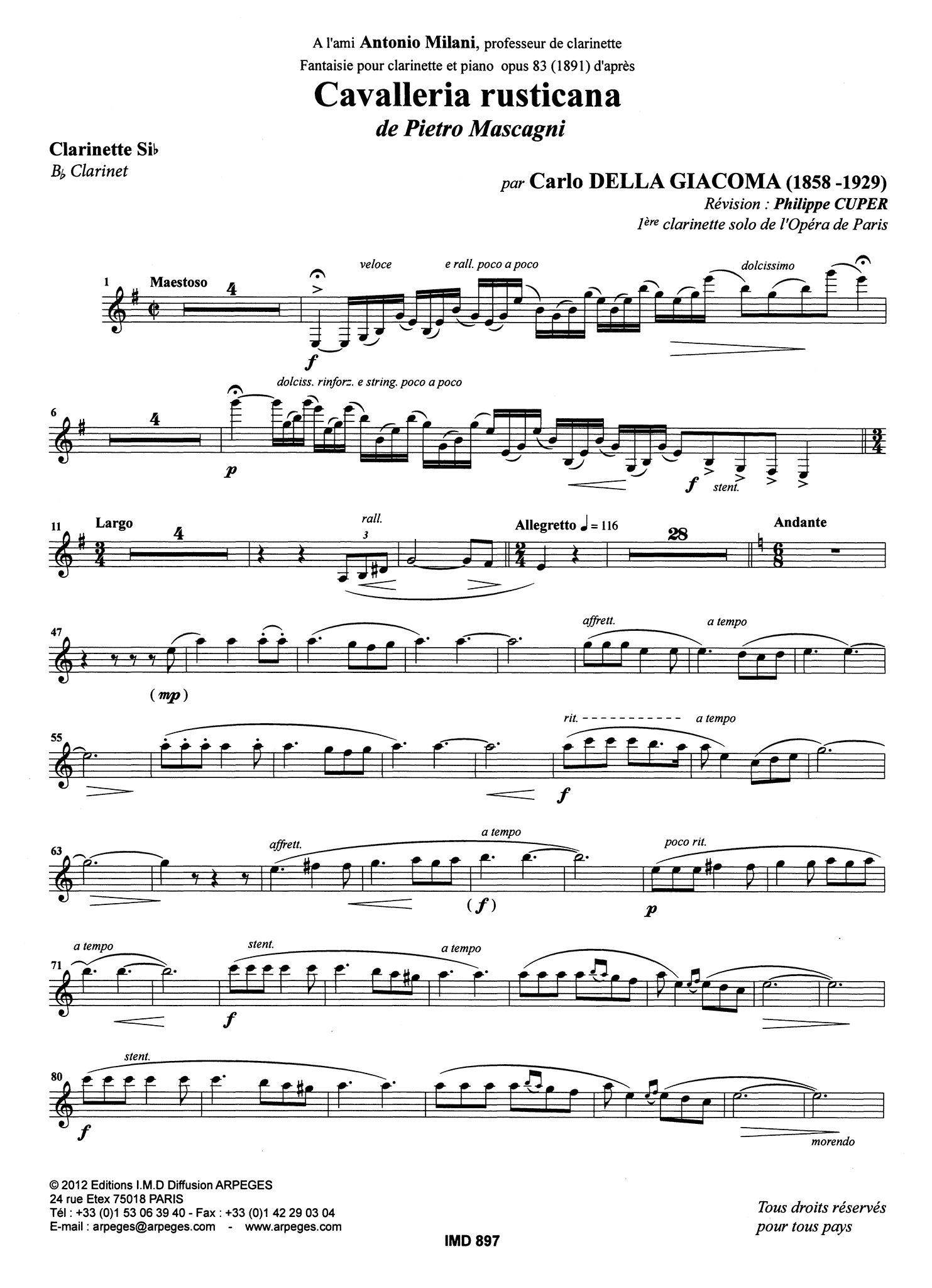 Giacoma Fantasia Cavalleria rusticana Op. 83 Clarinet part