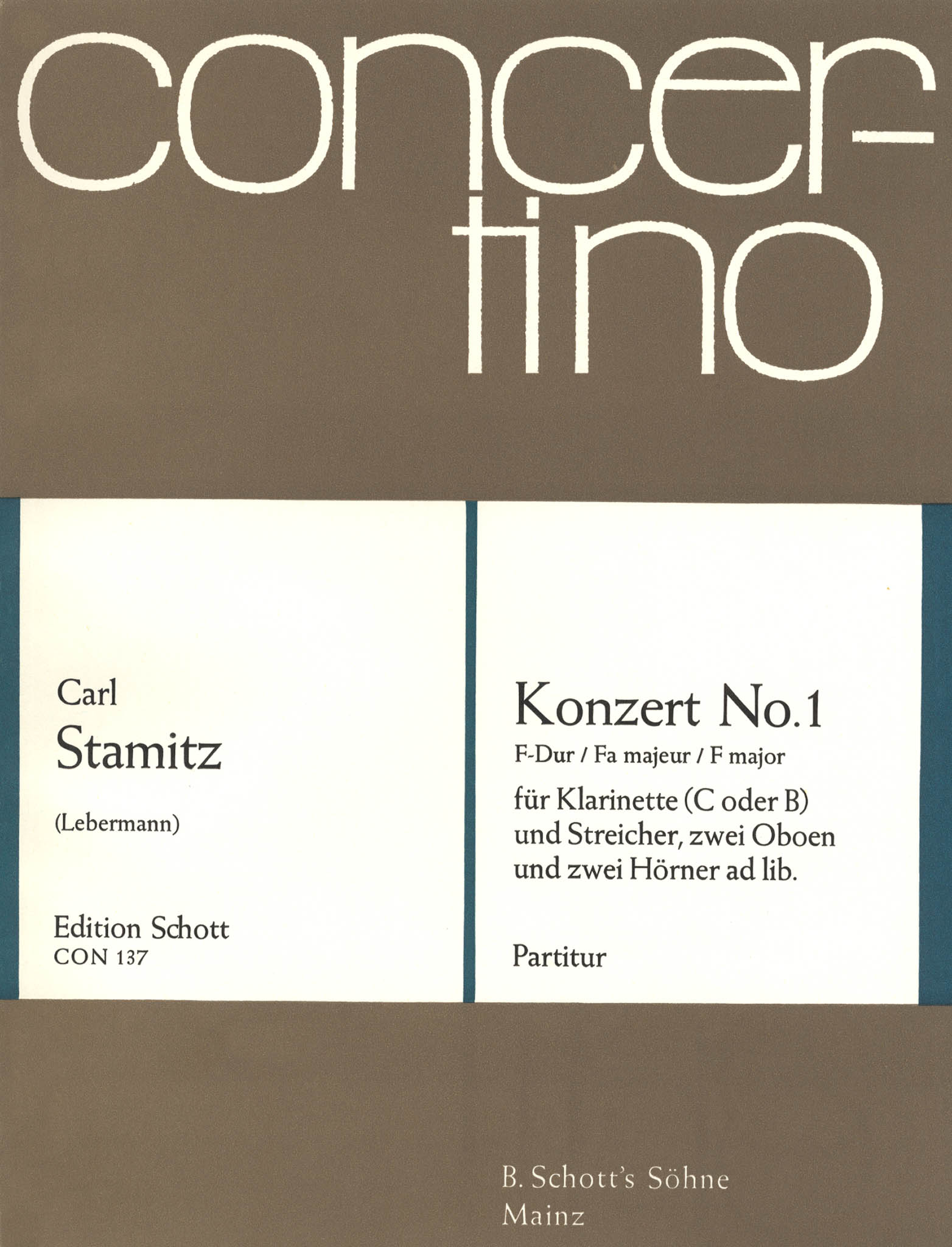 Carl Stamitz Clarinet Concerto No. 1 (Kaiser) in F Major full score cover