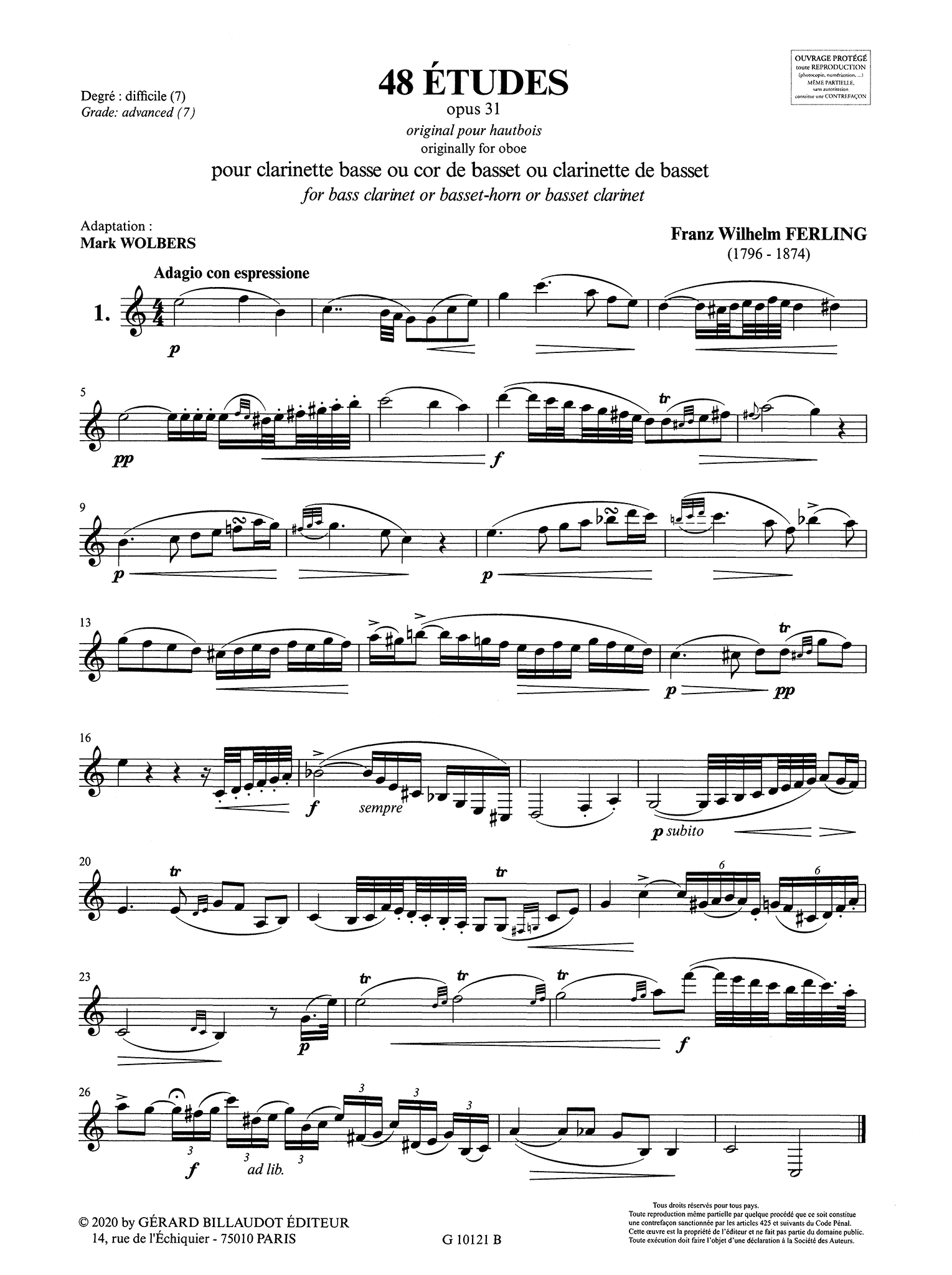 Ferling4 8 Études for low clarinets arranged by Mark Wolbers study no. 1