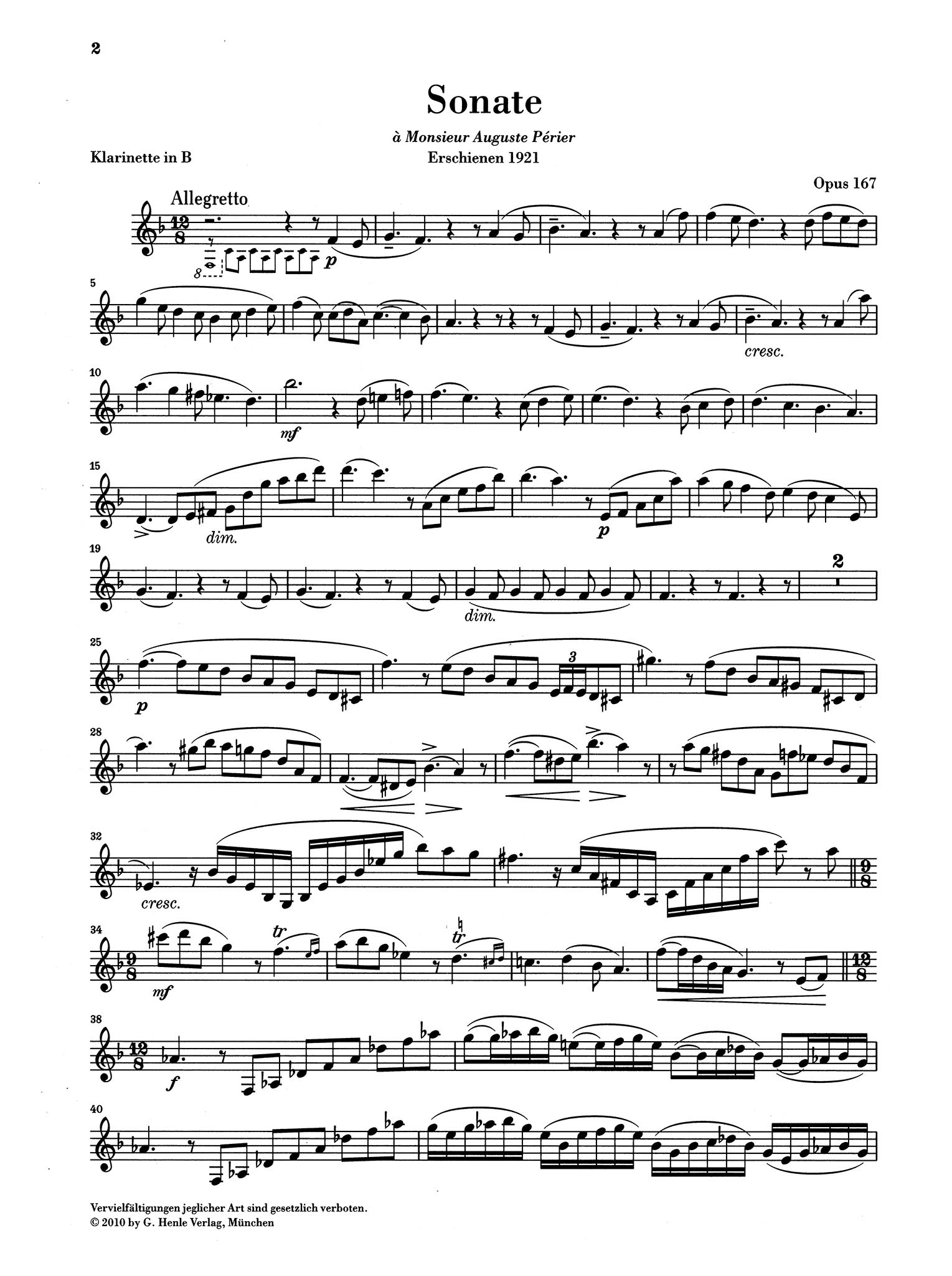 Sonata for Clarinet & Piano, Op. 167 Clarinet part