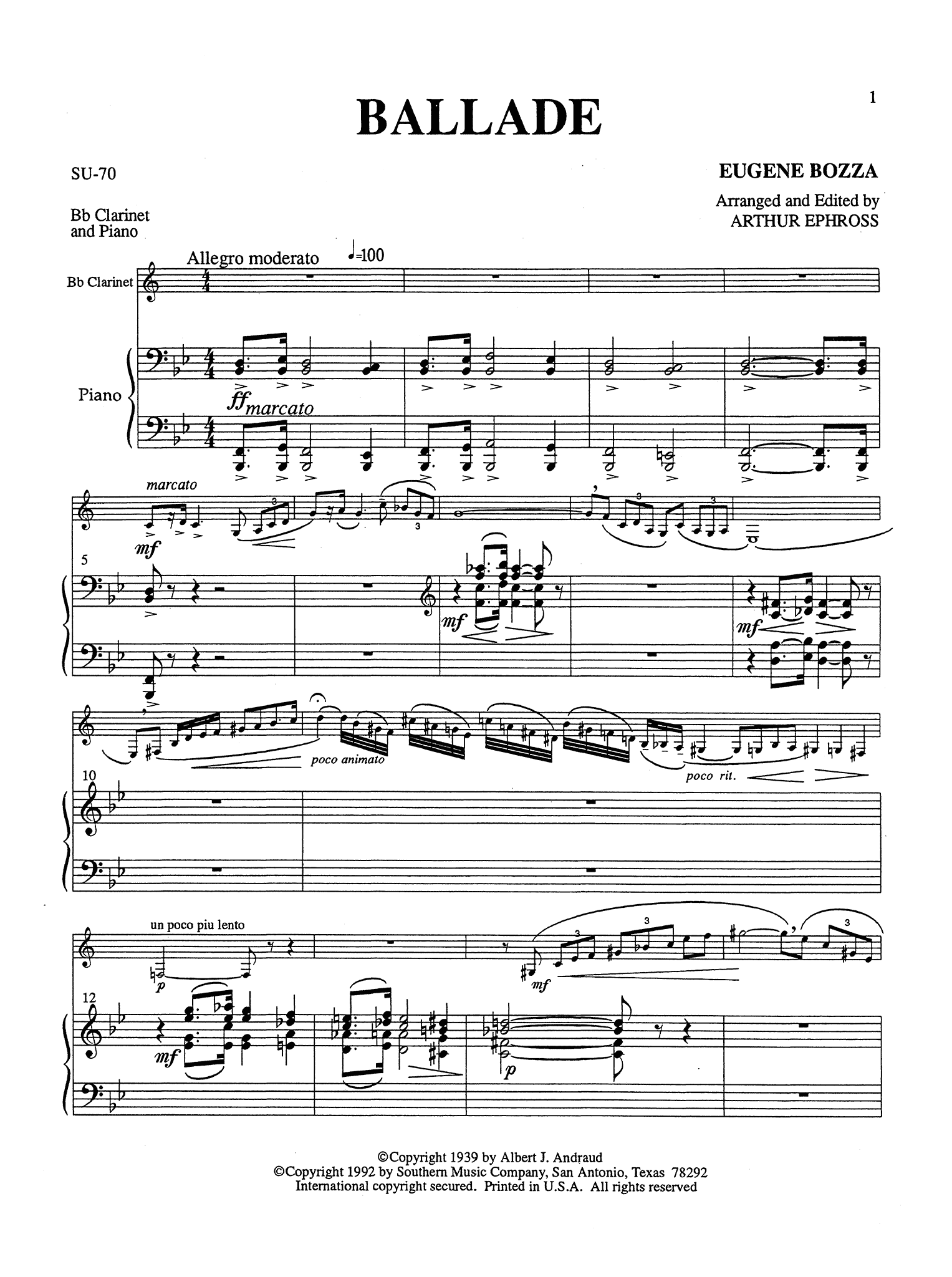 Bozza Ballade b-flat clarinet and piano arrangement score