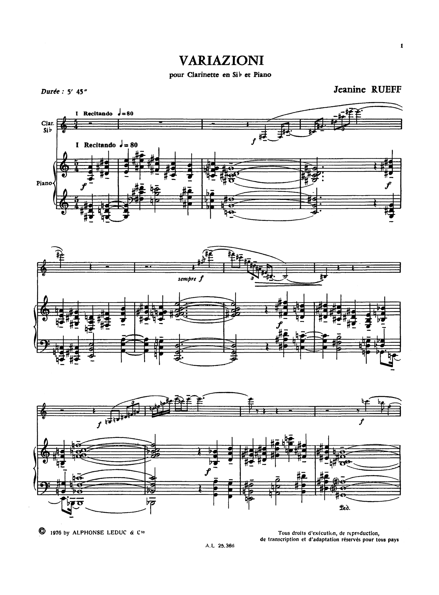 Jeanine Rueff Variazioni clarinet and piano score