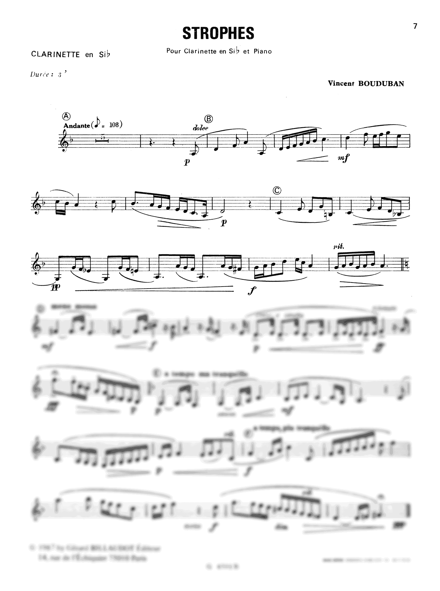 Bouduban Strophes clarinet and piano solo part