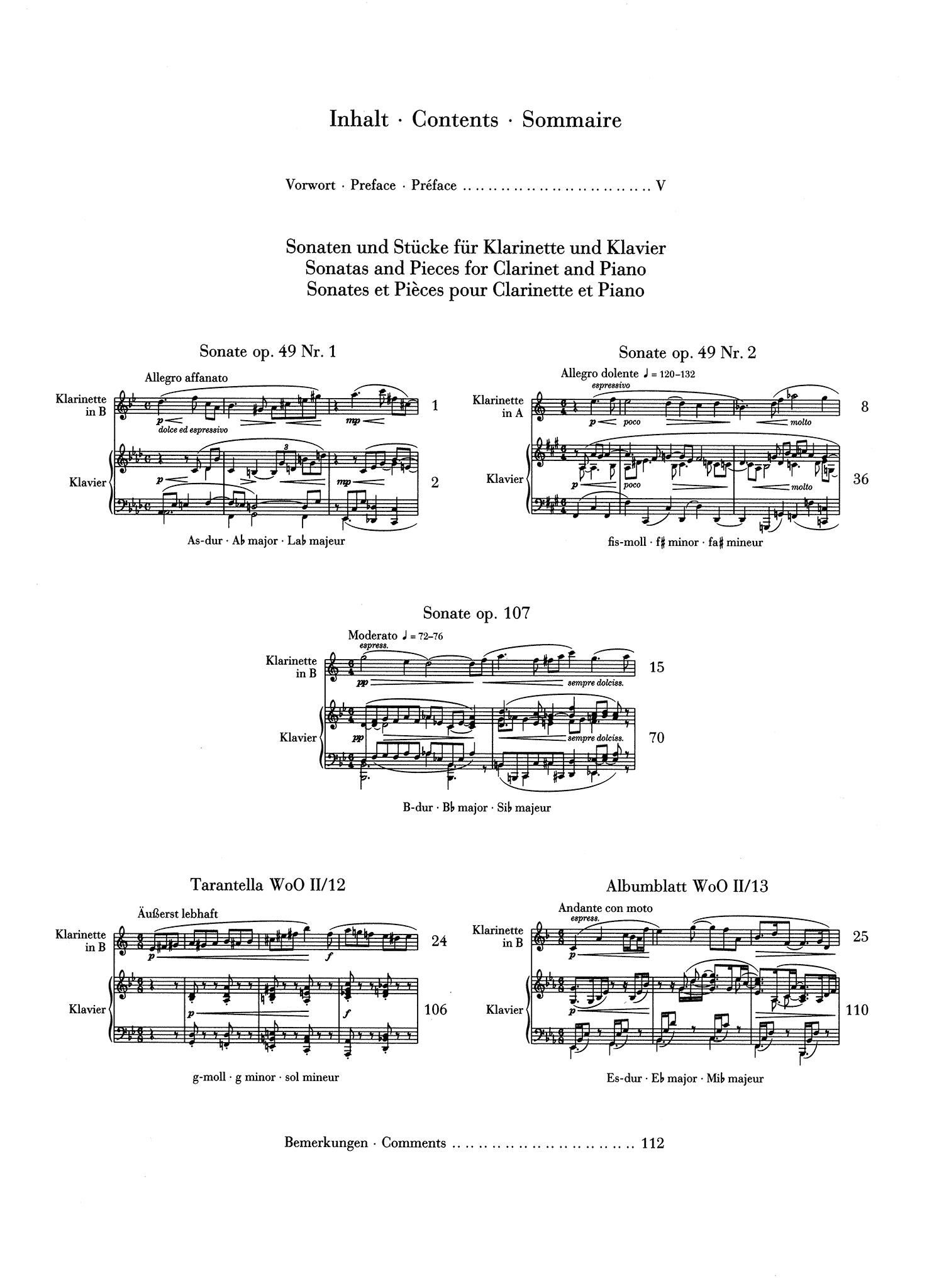 Sonatas & Pieces for Clarinet & Piano Thematic index