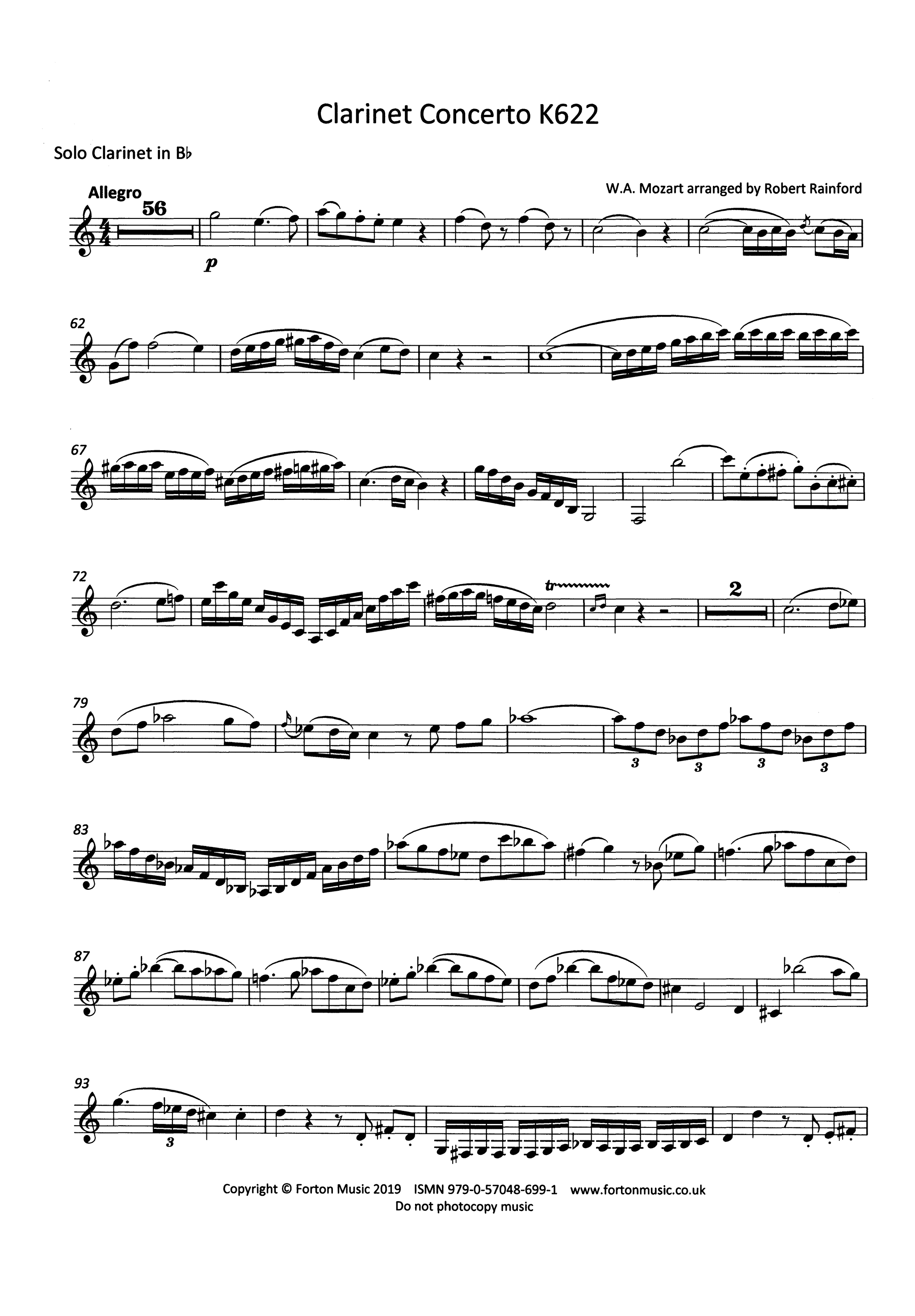 Clarinet Concerto in A Major, K. 622 Solo clarinet part