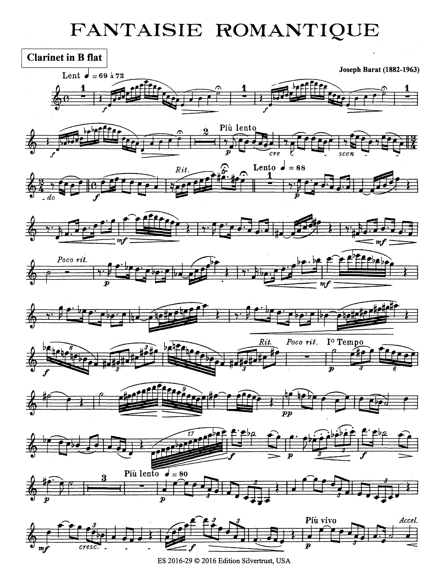 Barat Fantaisie romantique for clarinet & piano solo part