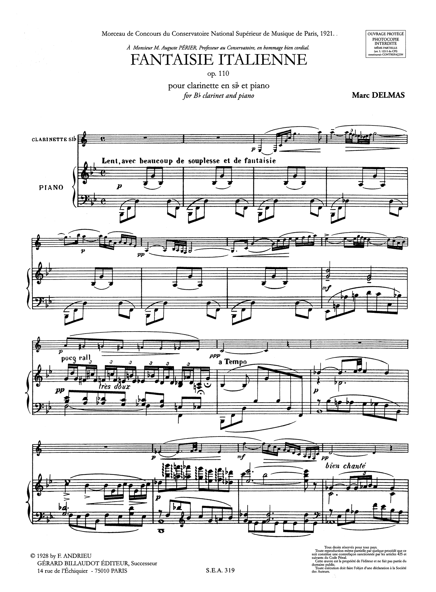 Delmas Fantaisie italienne, Op. 110 clarinet & piano score