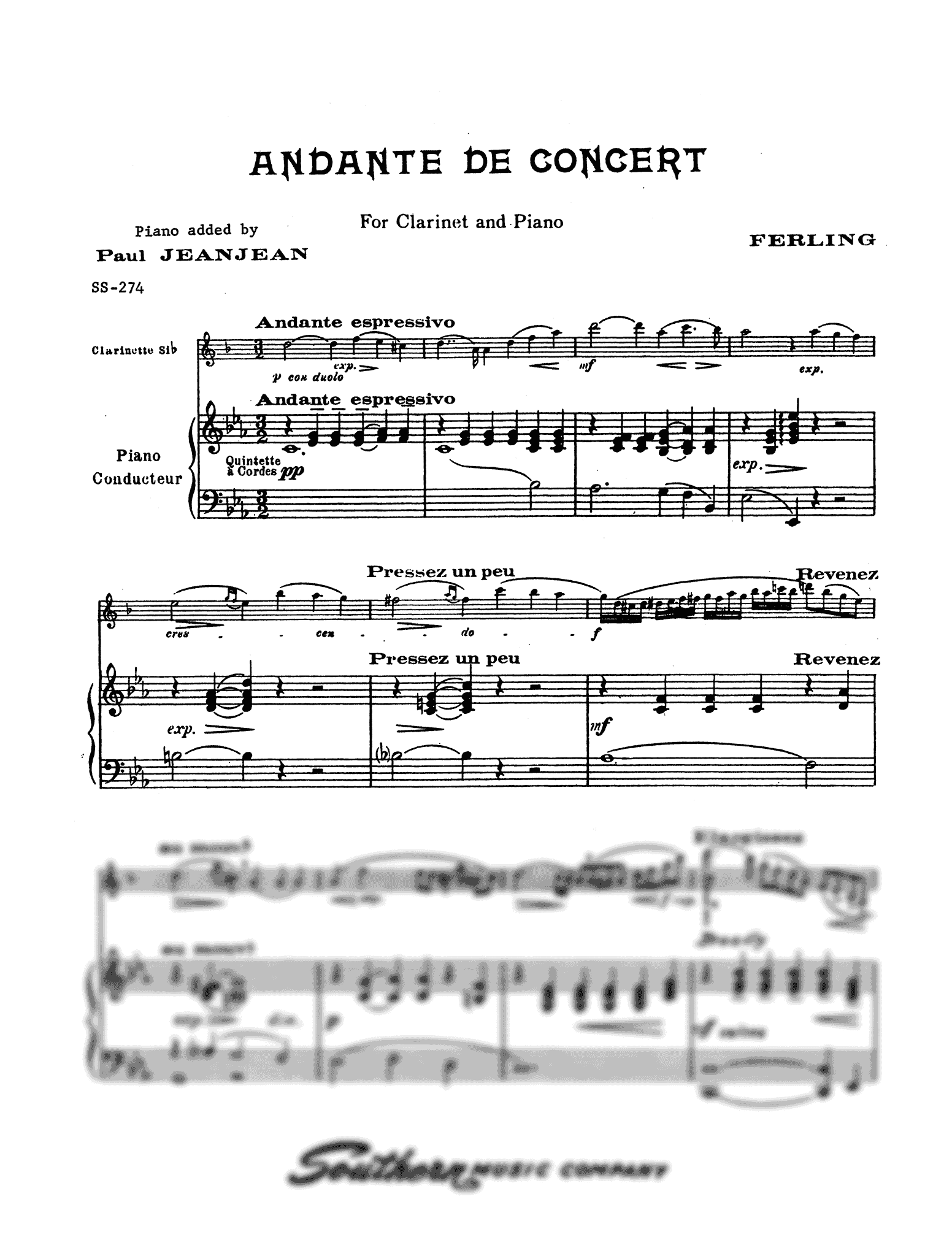 Ferling Andante de concert, from 48 Études, Op. 31 No. 27 arranged by Jeanjean for clarinet & piano score