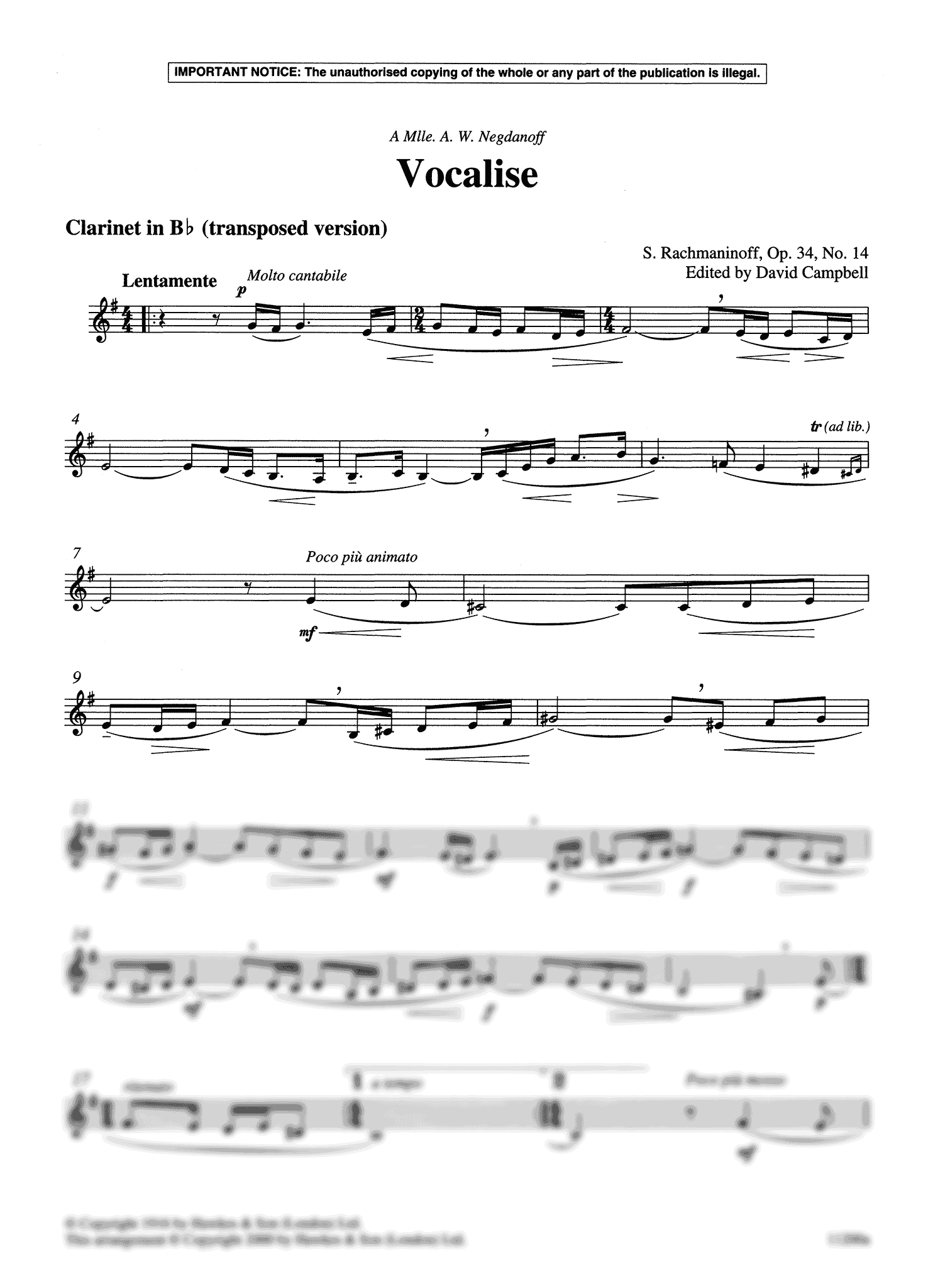 Rachmaninoff Vocalise clarinet part transposed