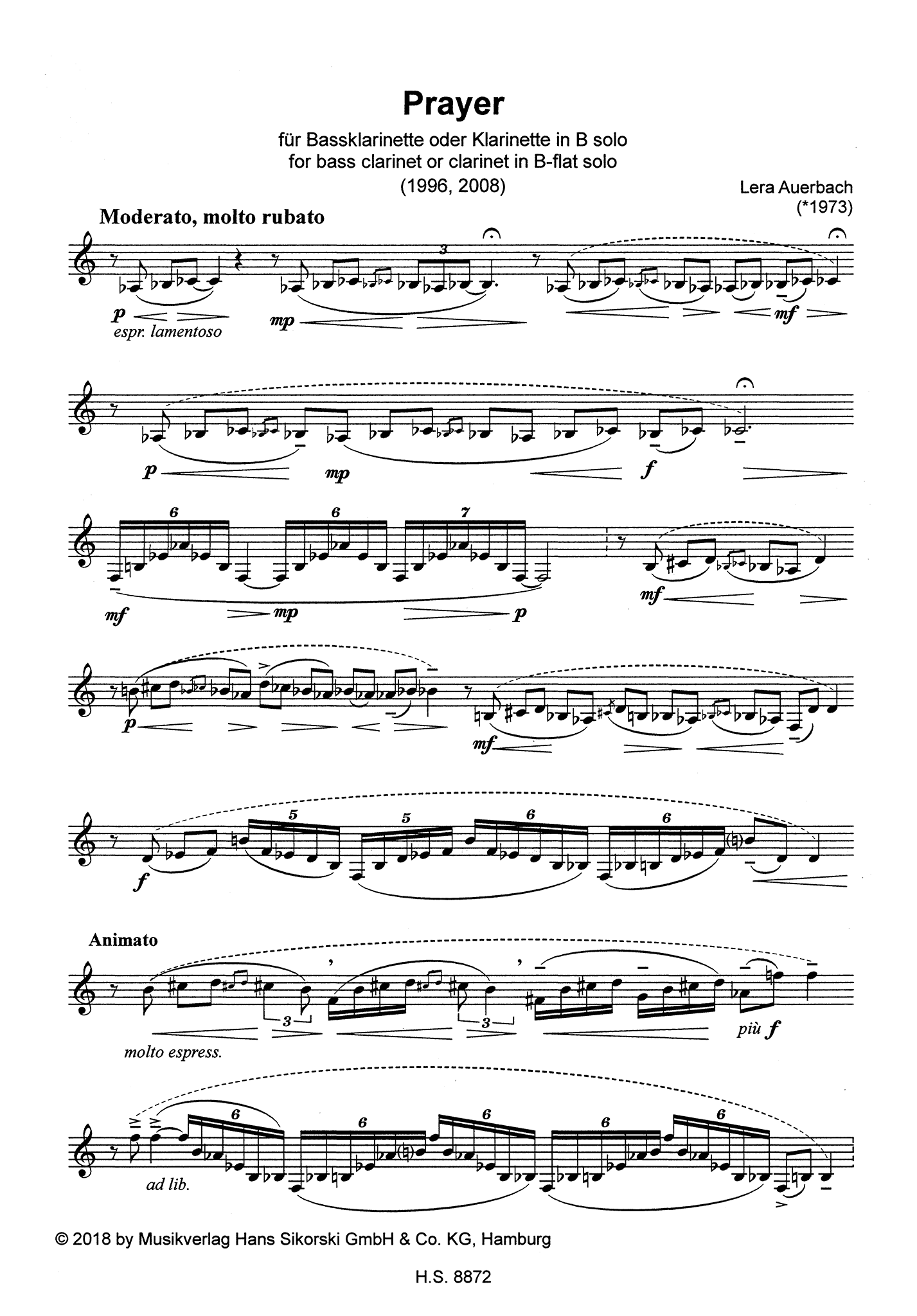 Auerbach, Lera T'filah (Prayer) for unaccompanied clarinet part