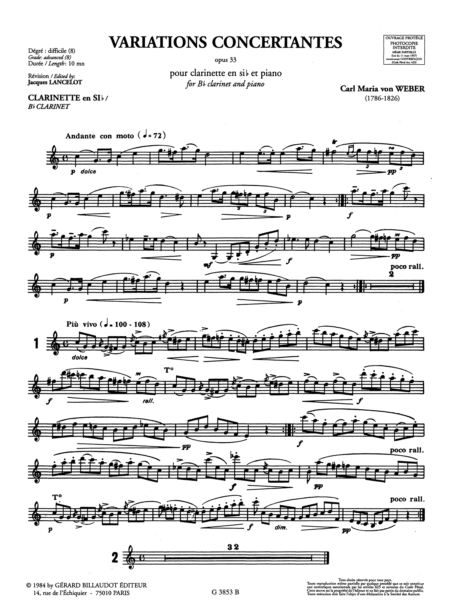 Weber Silvana Variations, Op. 33 Clarinet part