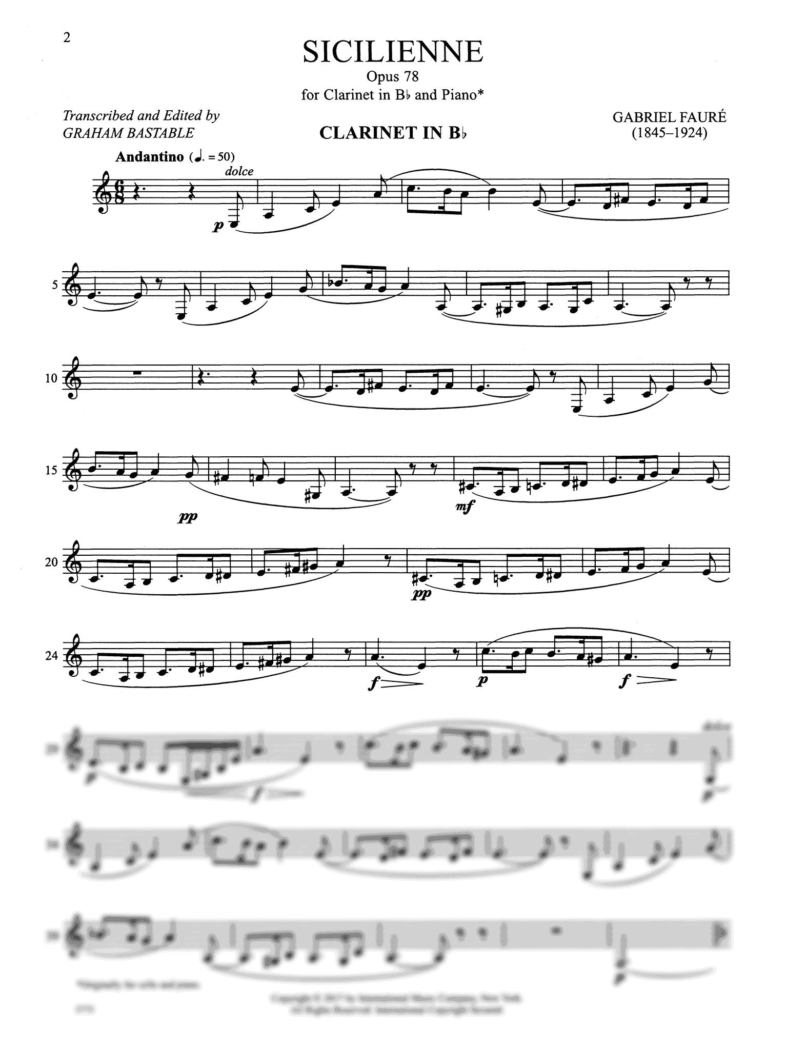 Fauré, Gabriel: Sicilienne, Op. 78 for clarinet & piano solo part