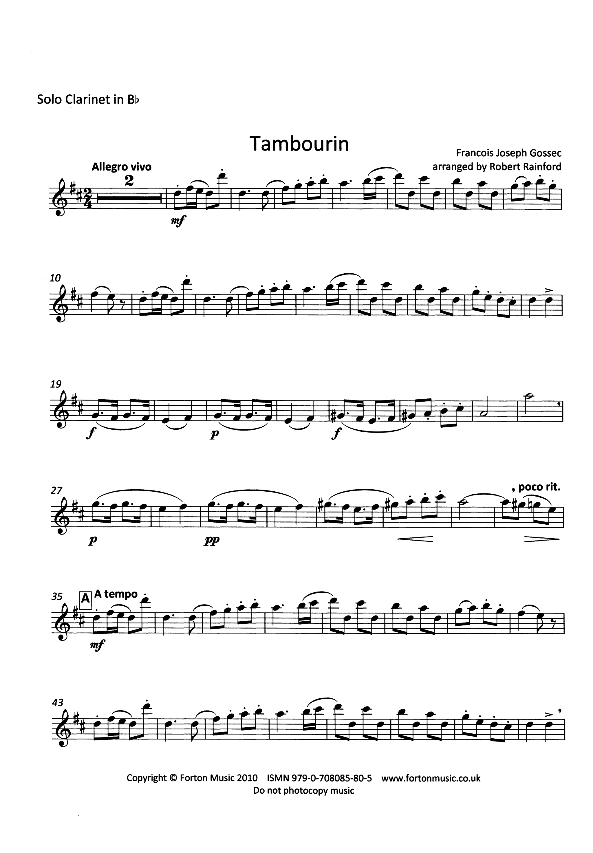 Gossec Tambourin five clarinets arrangement first part