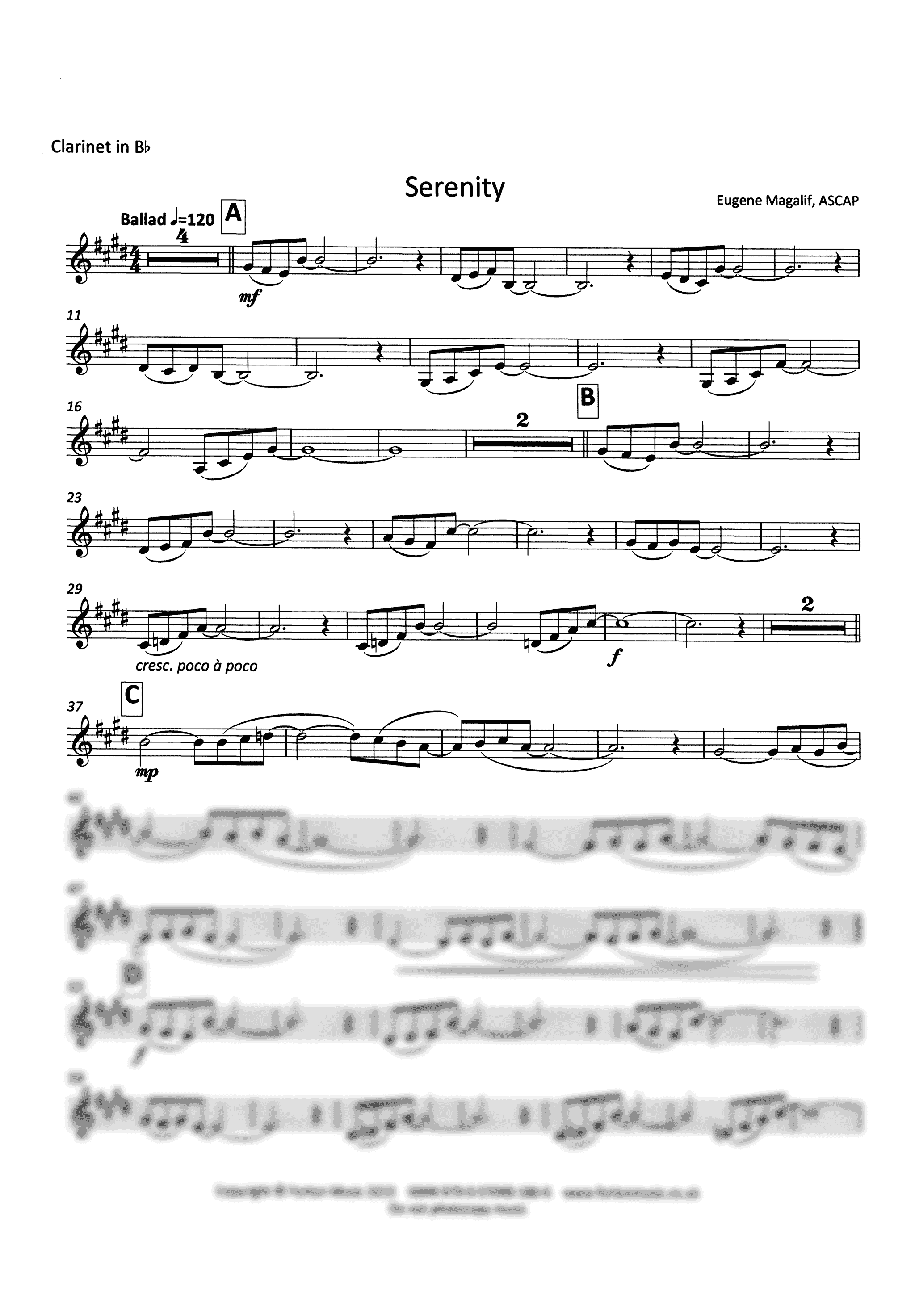 Eugene Magalif Serenity clarinet and piano solo part