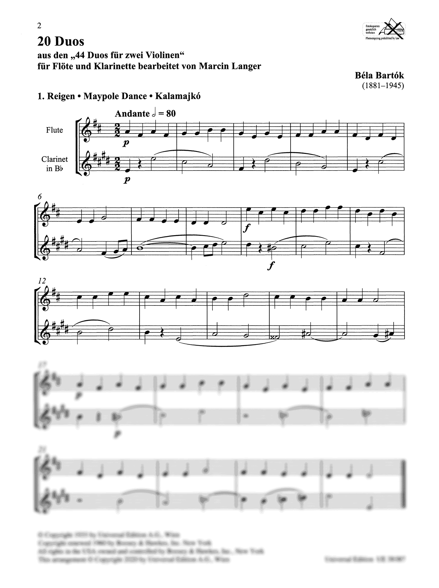Bartók 20 Duos arranged for clarinet and flute Maypole dance