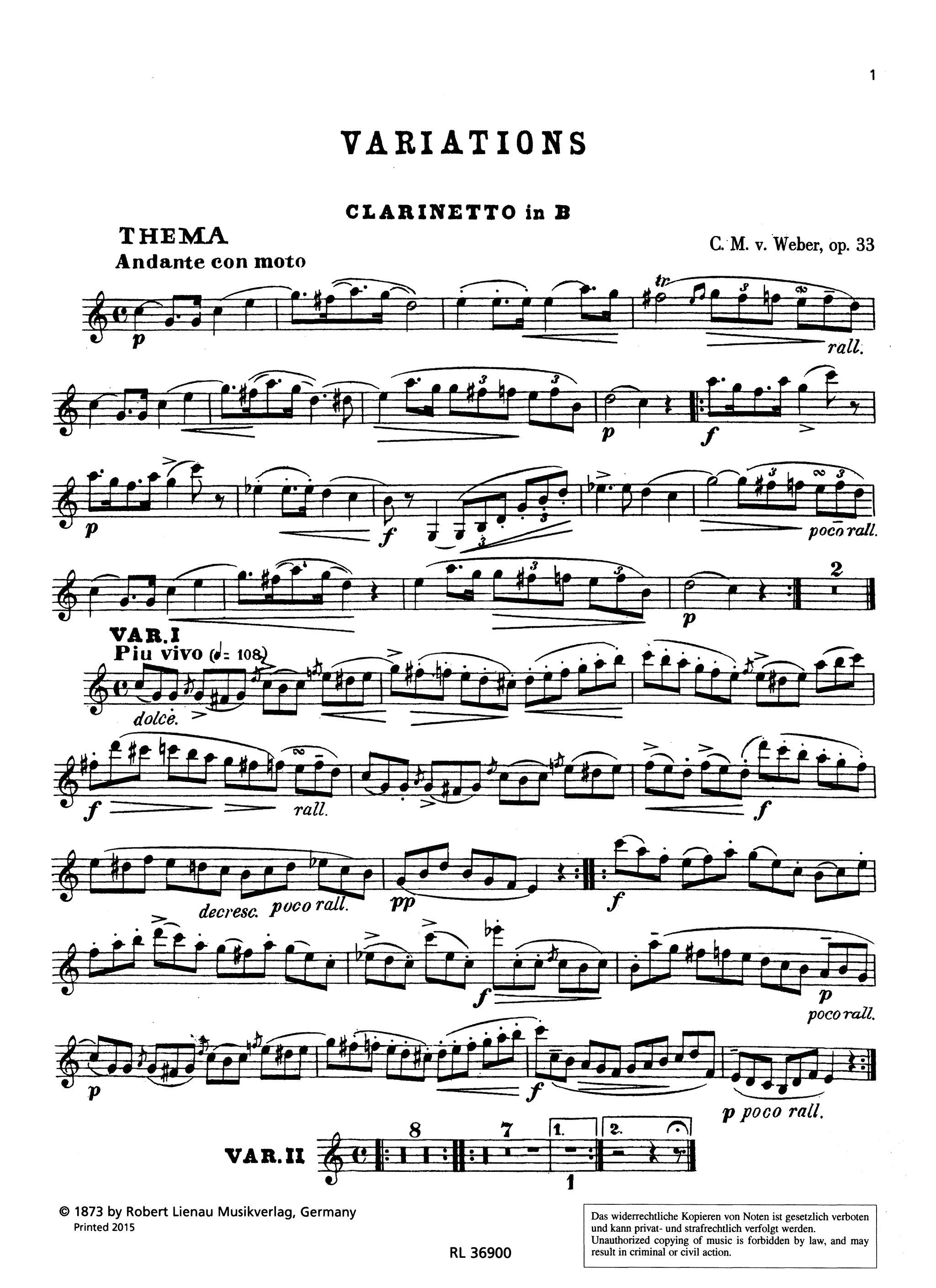 Weber Silvana Variations, Op. 33, J. 128 Clarinet part