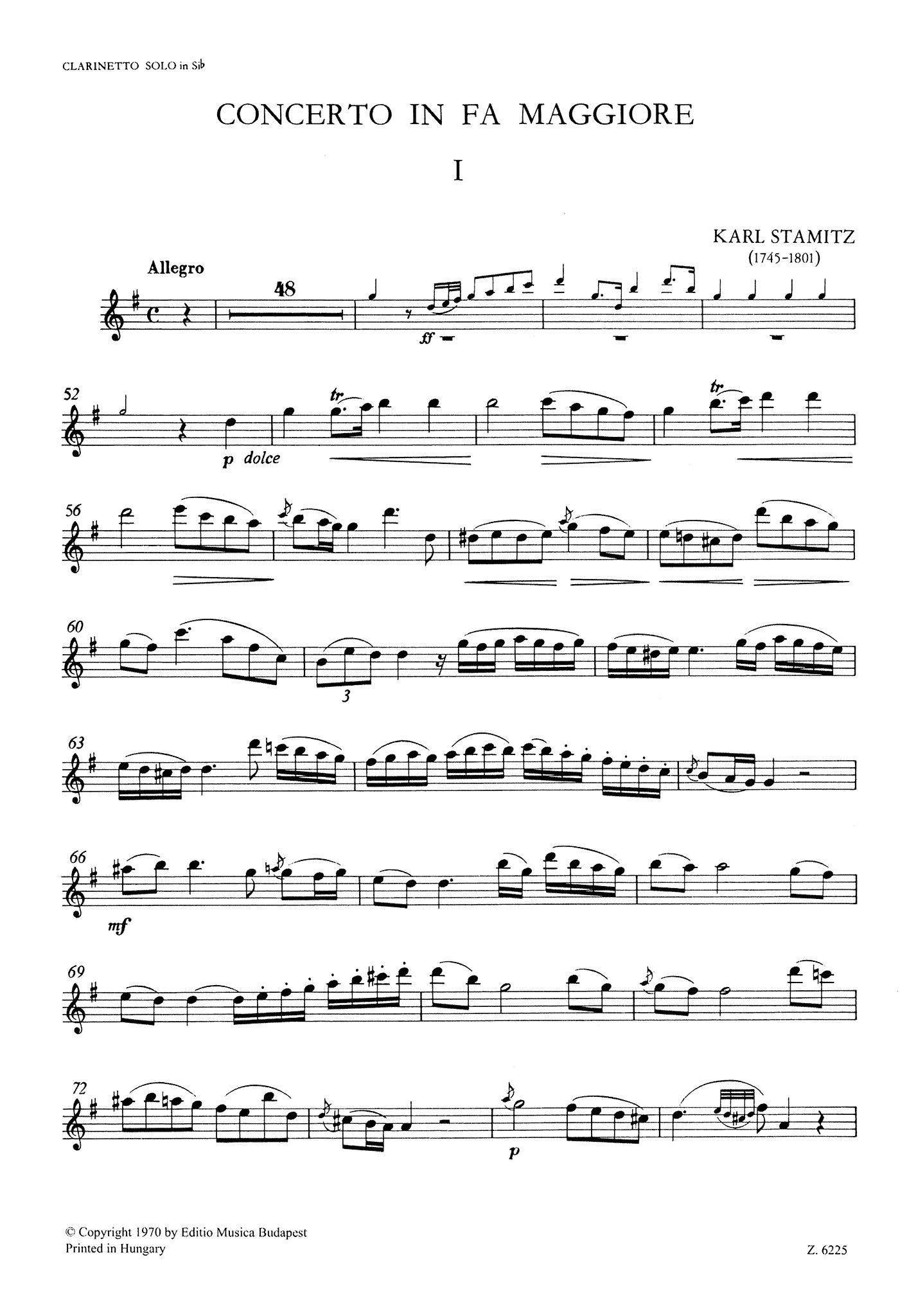 Clarinet Concerto No. 1 (Kaiser) in F Major Clarinet part