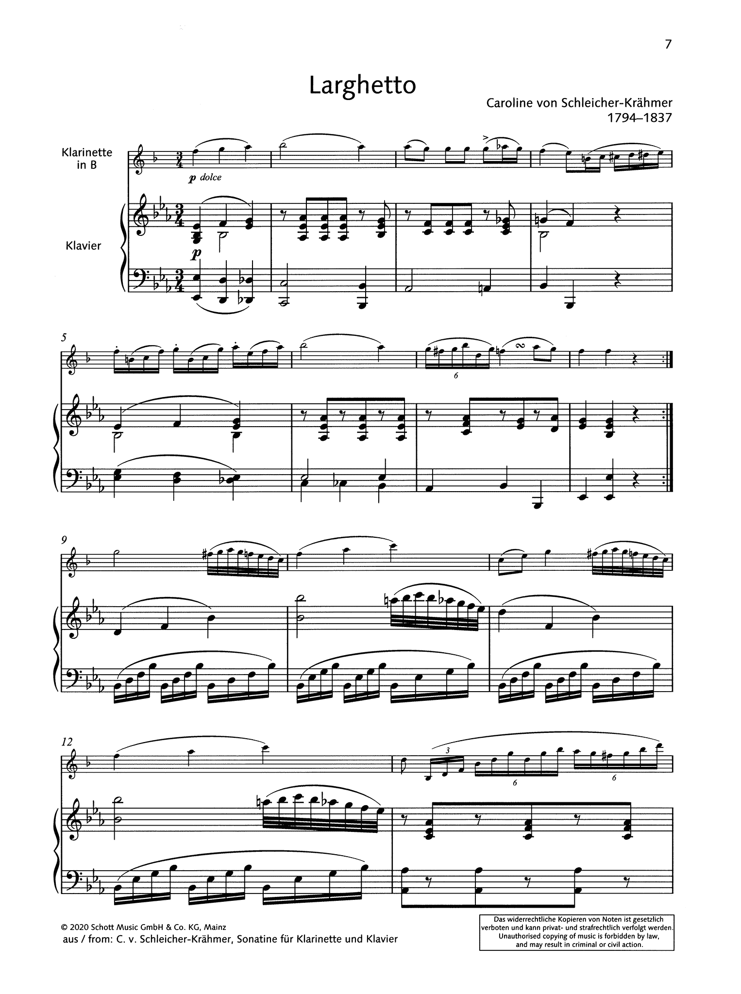 Schleicher-Krahmer Larghetto from Clarinet Sonata Score