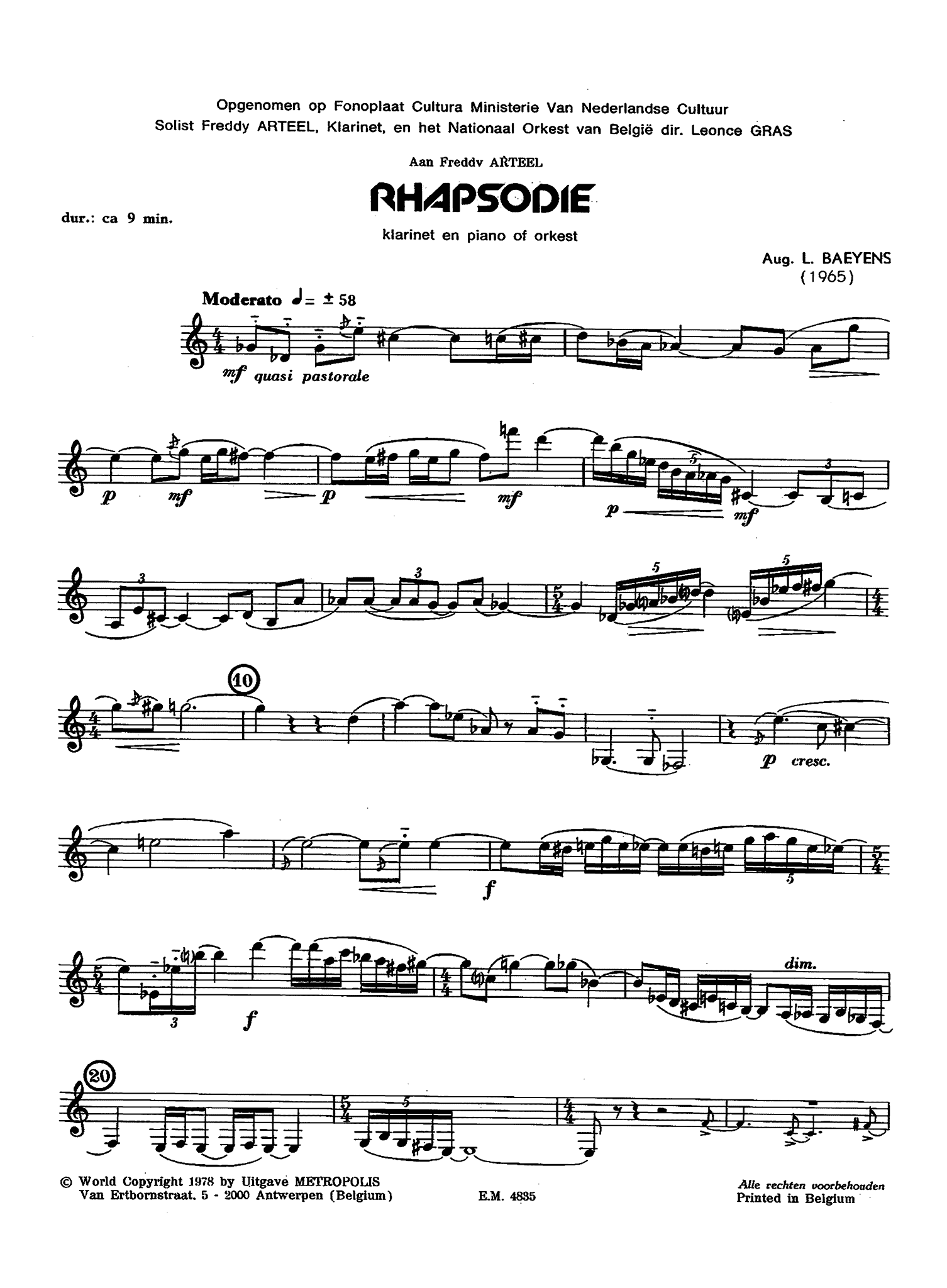 August Baeyens Rhapsodie clarinet and piano solo part