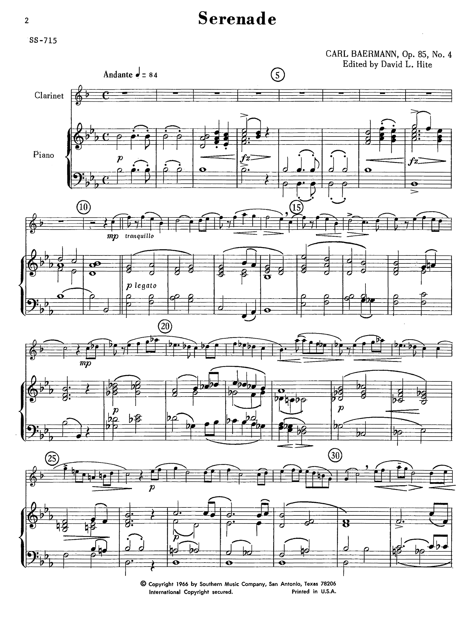 Carl Baermann Serenade, Op. 84 No. 4 clarinet & piano Score