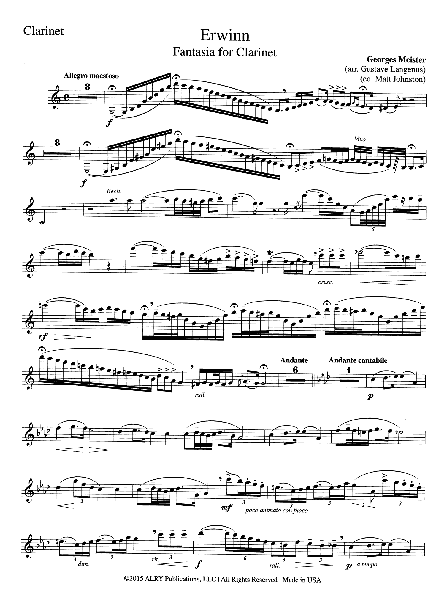 Georges Meister Erwinn Fantasia clarinet and piano solo part
