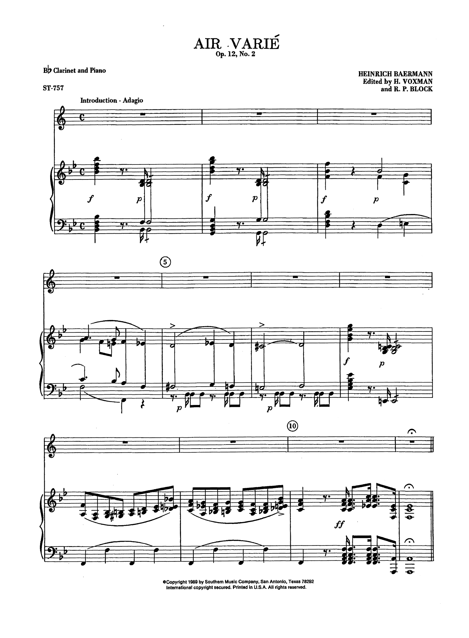 Baermann, Heinrich: Air varié, Op. 12 No. 2 clarinet and piano score