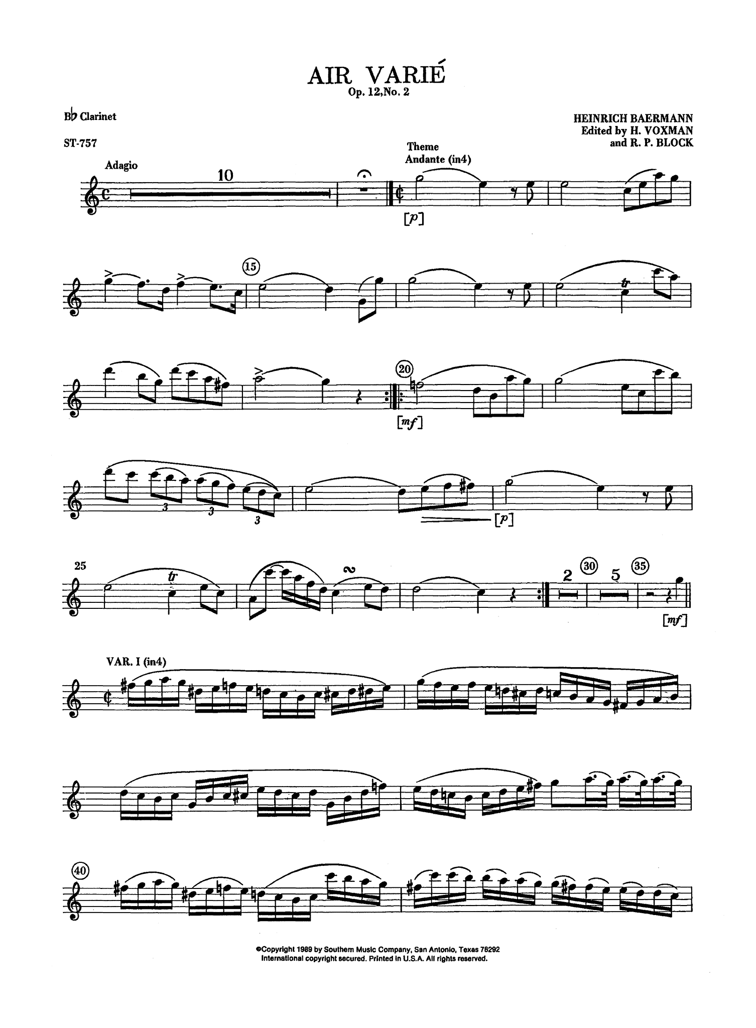 Baermann, Heinrich: Air varié, Op. 12 No. 2 clarinet and piano solo part