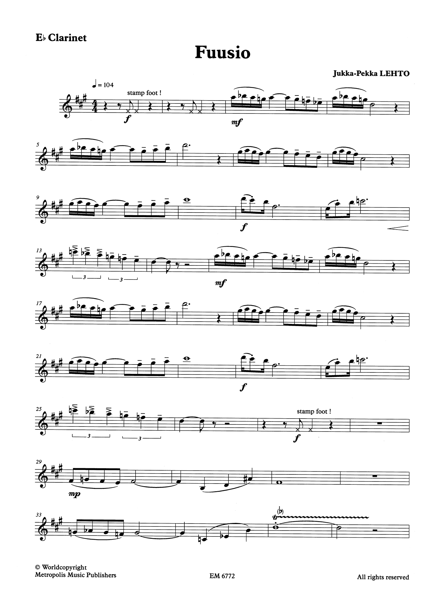 Jukka-Pekka Lehto Fuusio E-flat clarinet & piano solo part