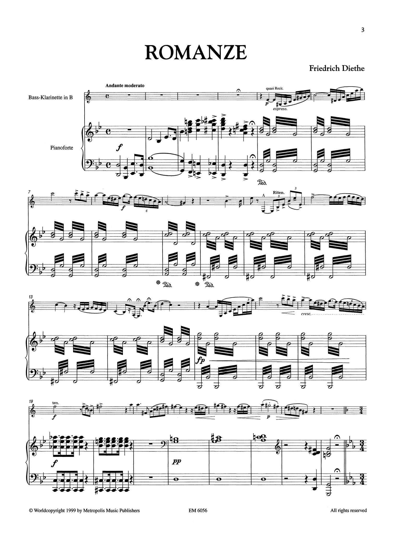 Diethe, Friedrich Romanze Bass Clarinet and Piano score