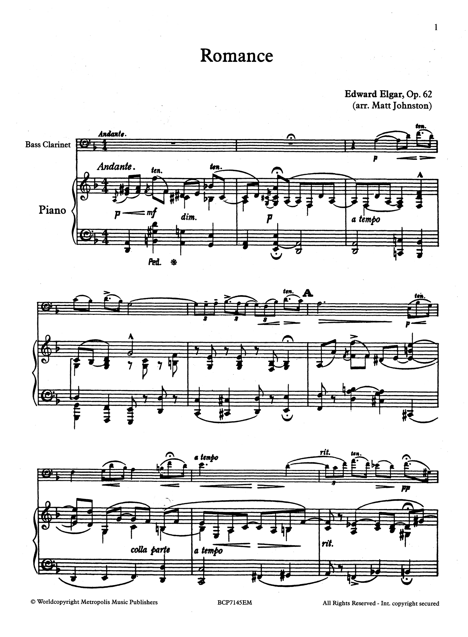 Elgar, Edward Romance, Op. 62 bass clarinet arrangement score